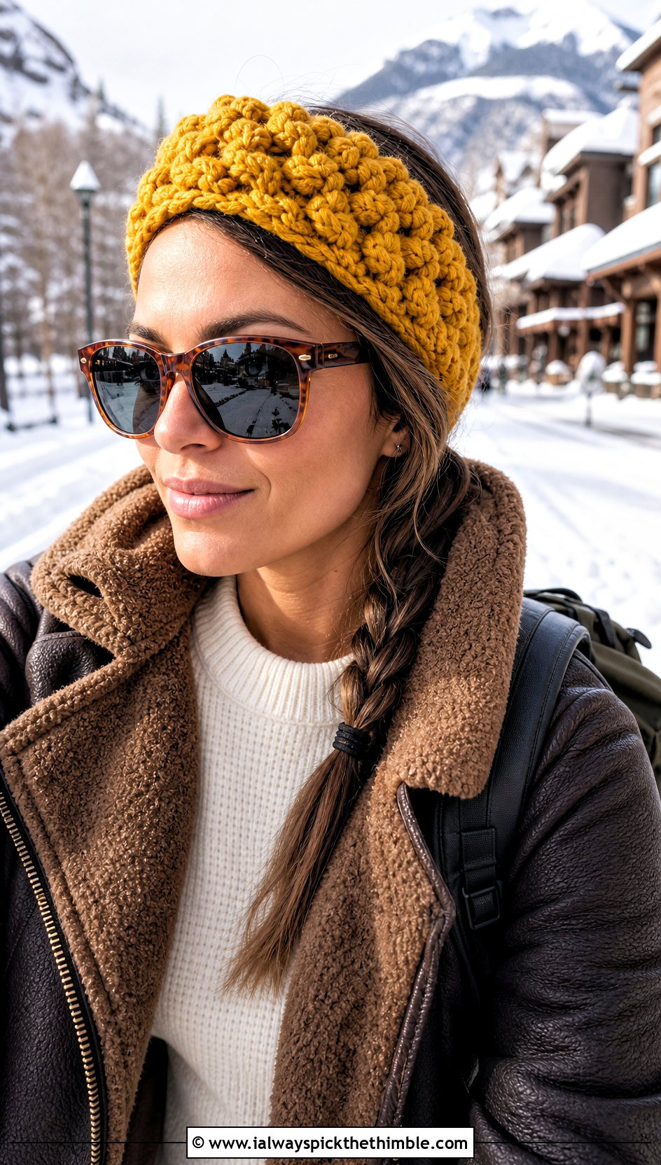 Chunky Jasmine Stitch Headband With Shearling Jacket - 20 Crochet Jasmine Stitch Headband outfit ideas