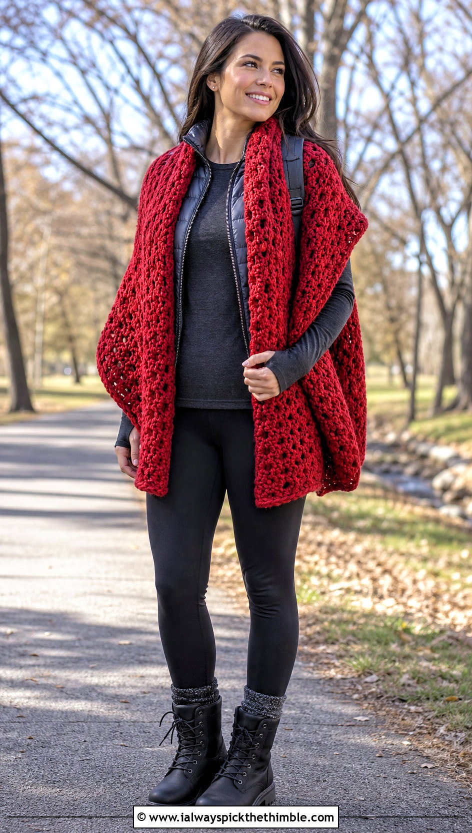Chunky Katniss Shawl With Leggings And Puffer Vest - 20 Crochet Katniss Shawl outfit ideas