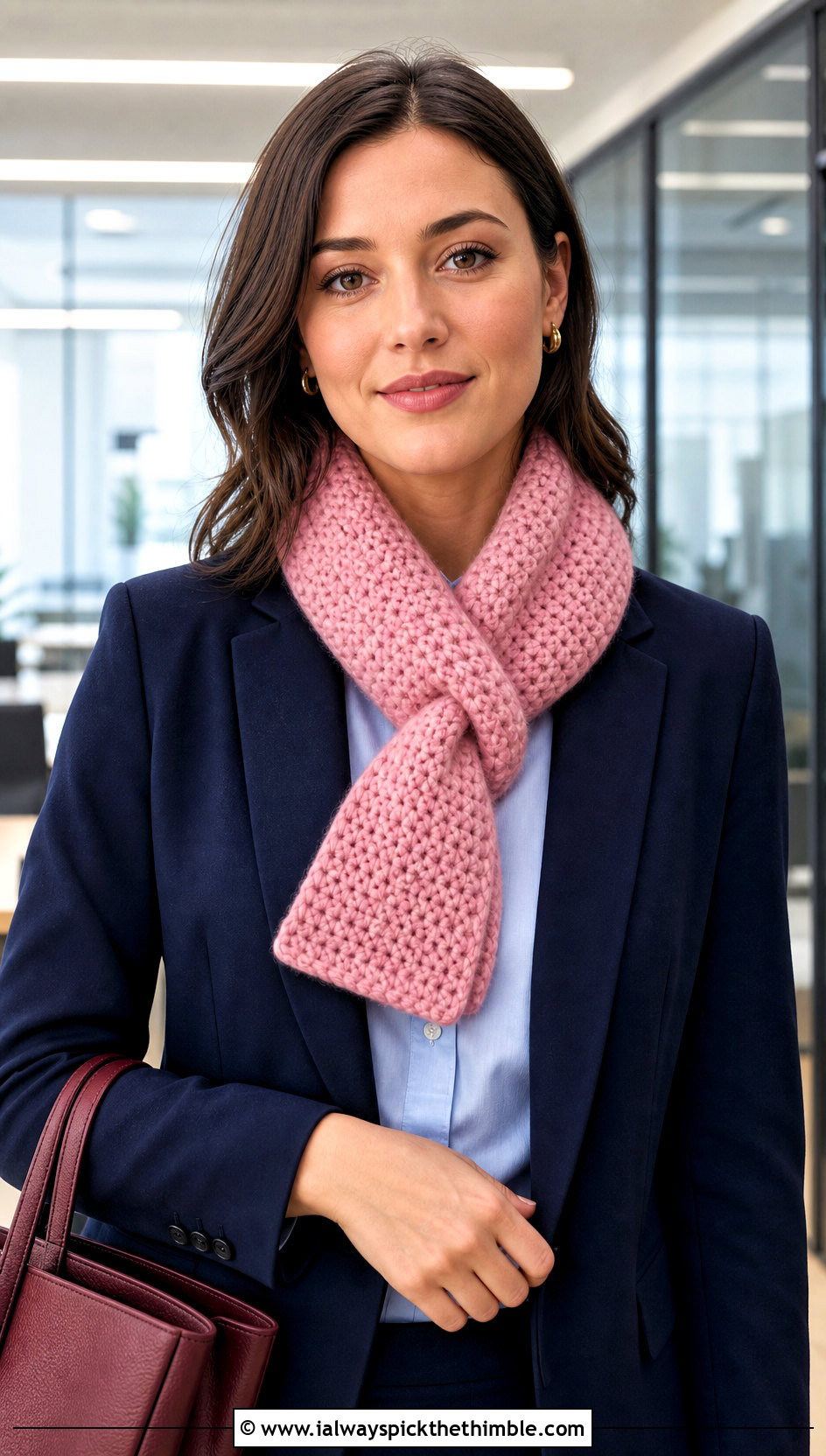 Chunky Keyhole Crochet Scarf With Office Blazer - 15 Crochet Scarves Chunky Yarn outfit ideas