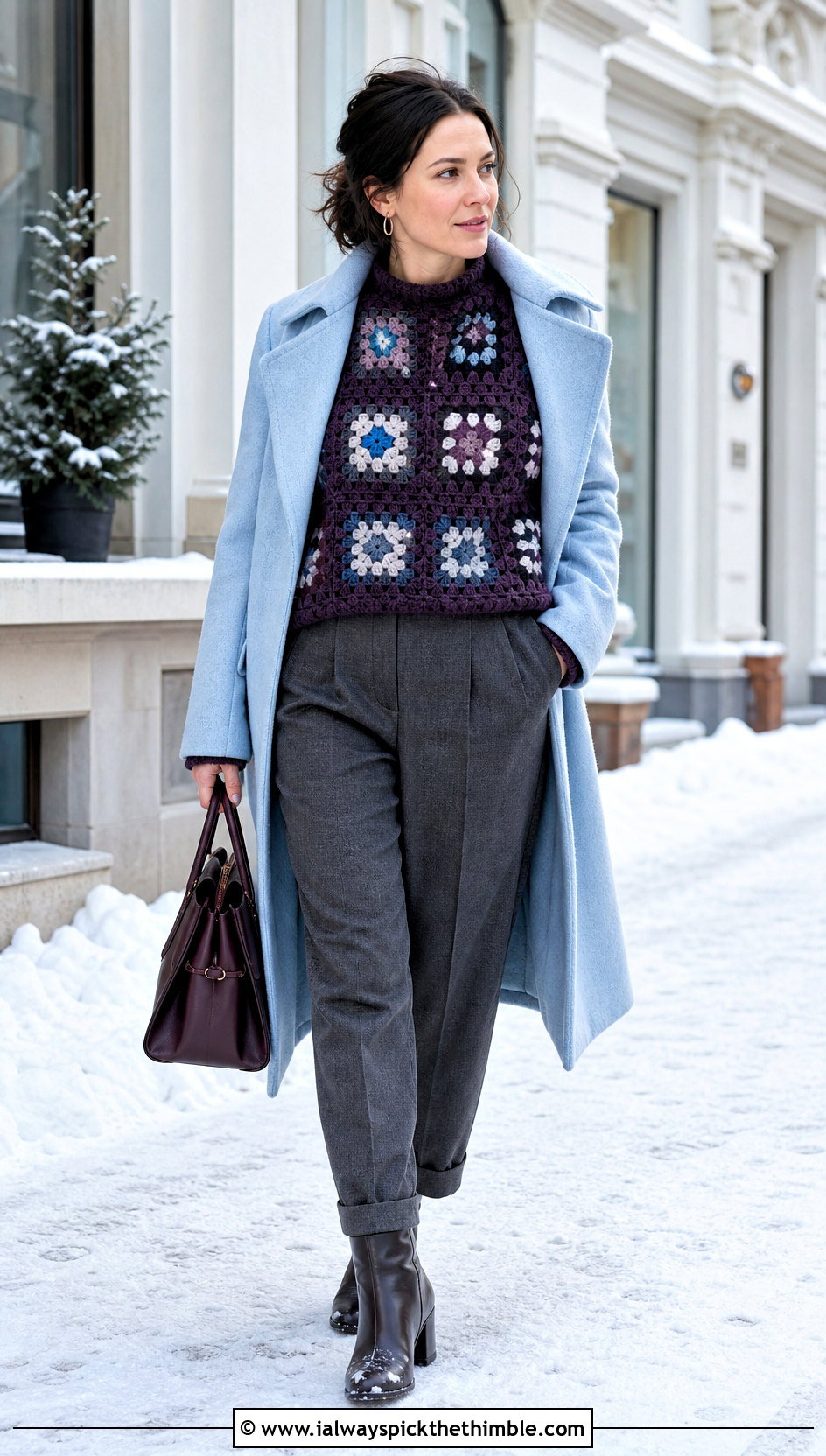 Chunky Large Granny Square Sweater With Wool Coat - 25 large granny square sweater outfit ideas