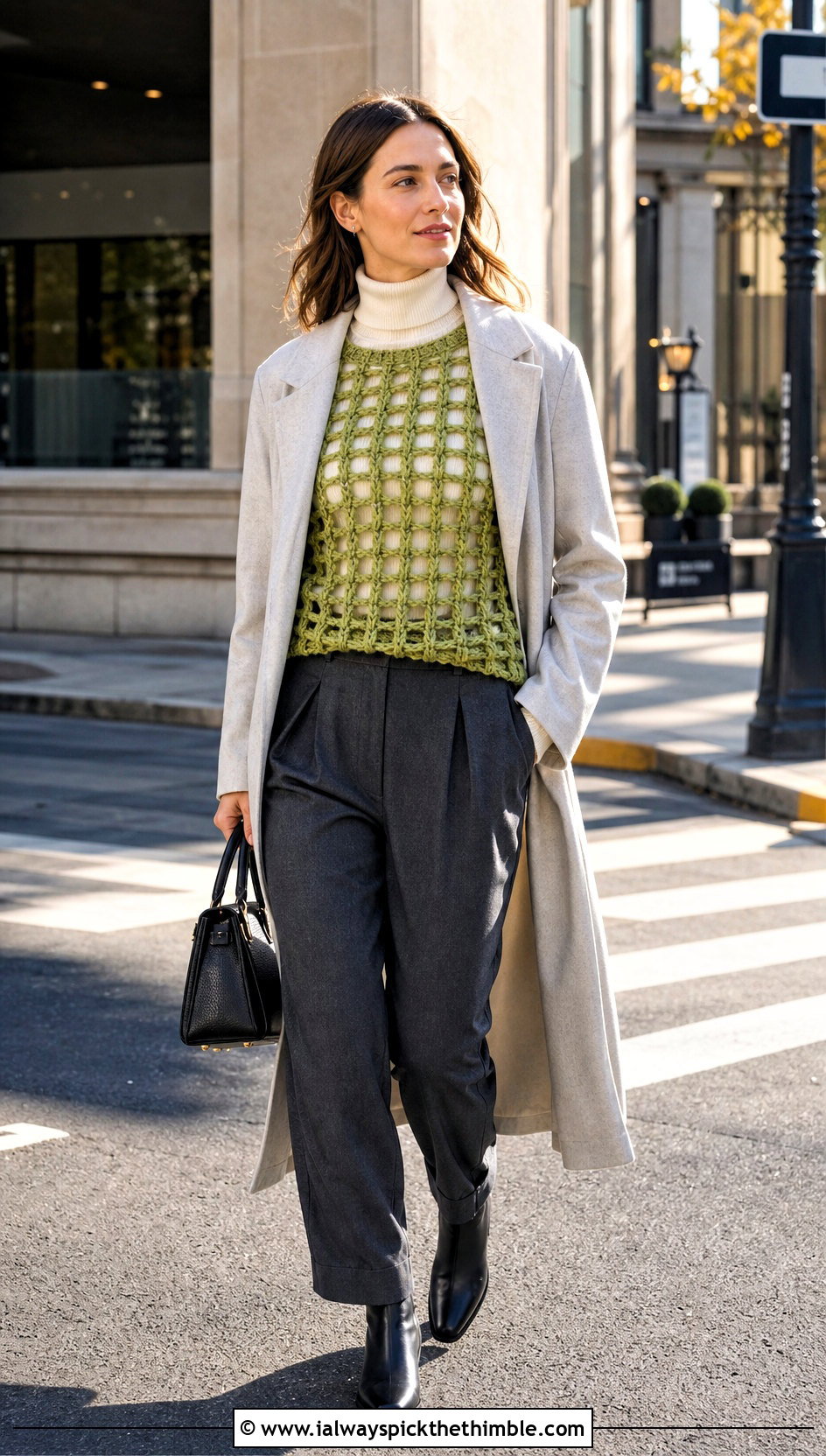 Chunky Lattice Crochet Grid Sweater With Wool Trousers - 20 crochet grid sweater outfit ideas