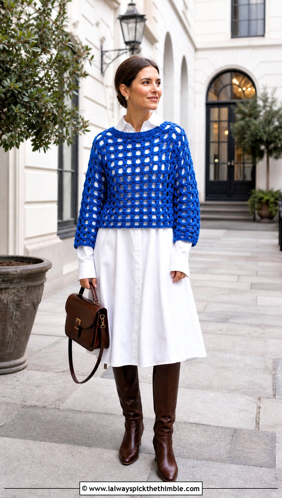 Chunky Lattice Crochet Mesh Jumper With Shirt Dress - 20 crochet mesh jumper outfit ideas