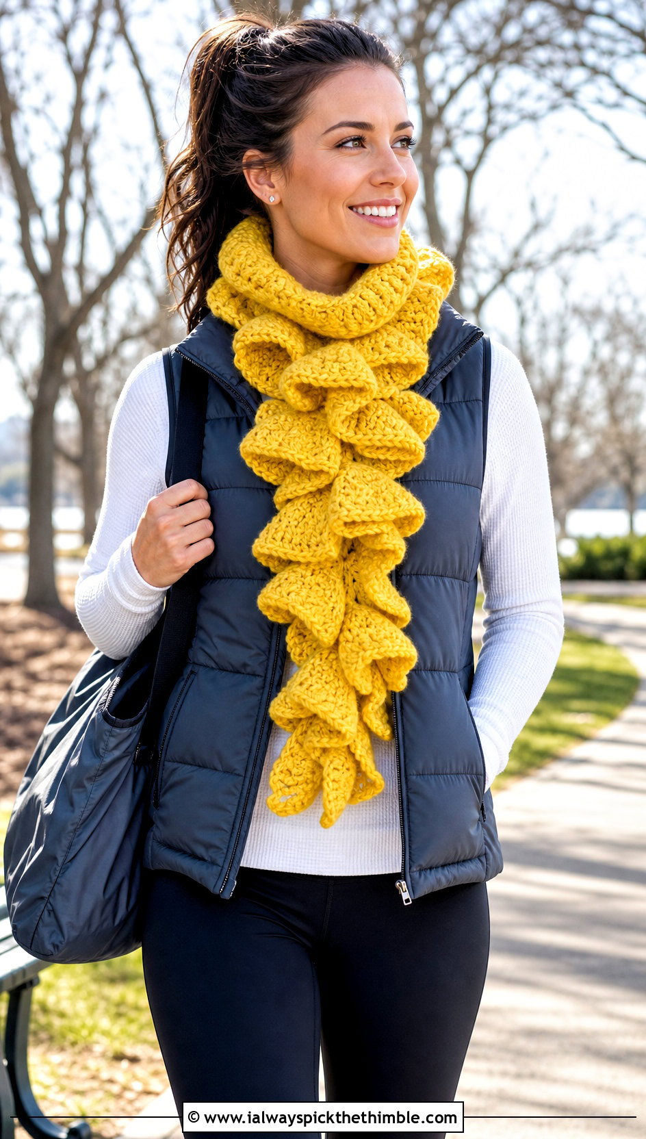 Chunky Layered Crochet Ruffle Scarf With Puffer Vest And Leggings - 20 crochet ruffle scarf outfit ideas