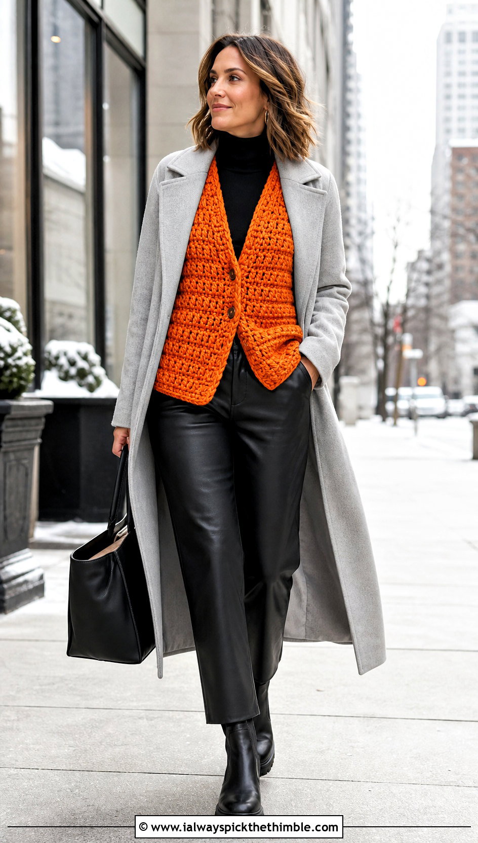 Chunky Livingstone Crochet Vest With Turtleneck And Leather Pants - 15 livingstone crochet vest outfit ideas