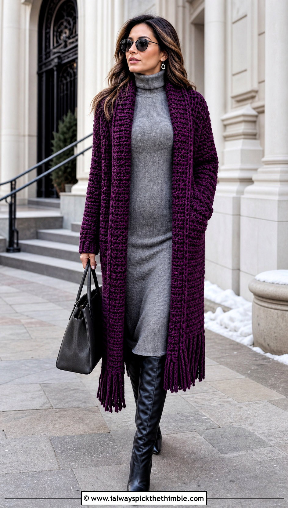 Chunky Long Crochet Cardigan With Fringe And Knit Dress - 15 long crochet cardigan with fringe outfit ideas
