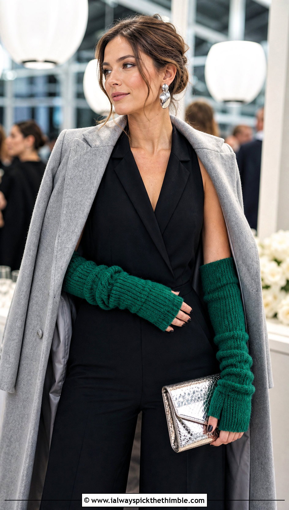 Chunky Long Cuff Fingerless Gloves With Evening Jumpsuit - 20 Chunky Crochet Gloves outfit ideas