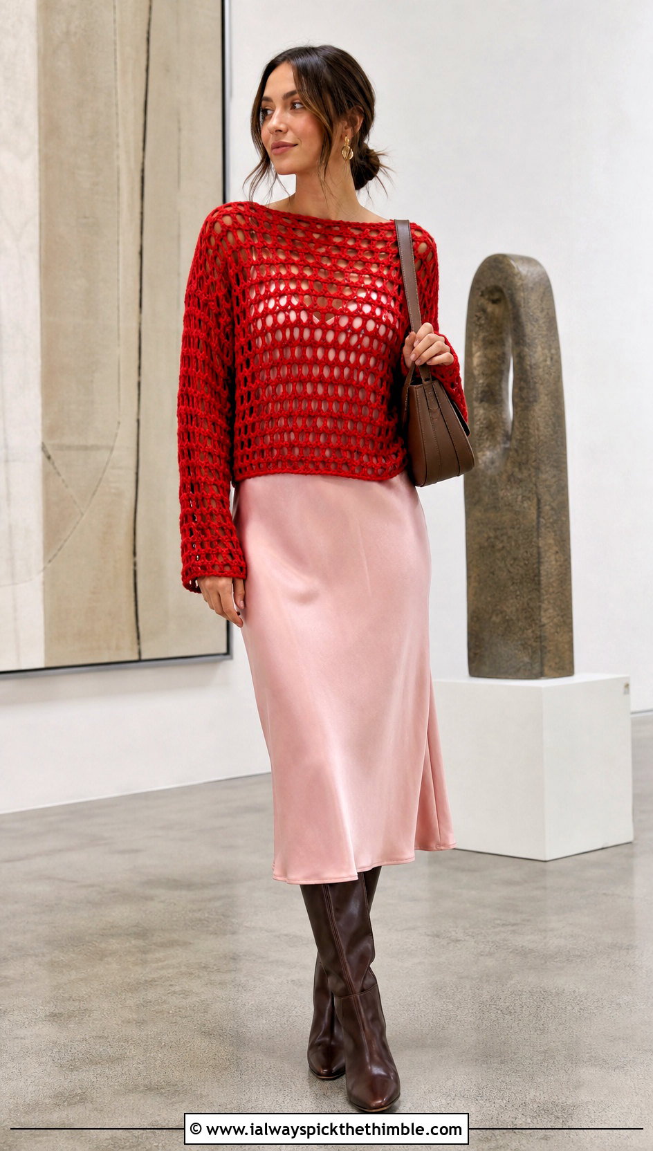 Chunky Long Sleeve Mesh Crochet Top With Slip Dress - 15 Chunky Crochet Top outfit ideas