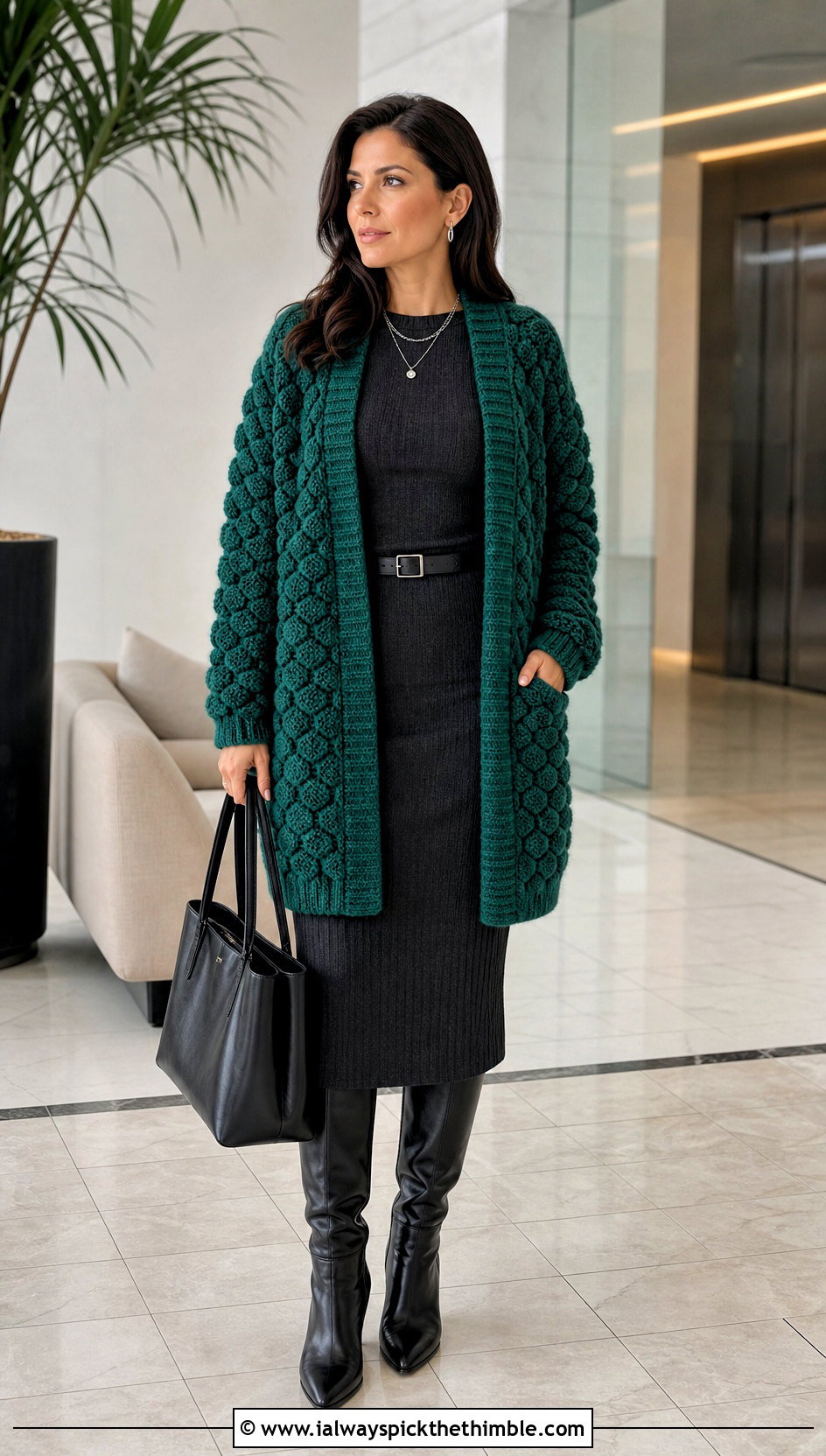 Chunky Longline Hexagon Cardigan With Knit Dress - 20 chunky crochet hexagon cardigan outfit ideas
