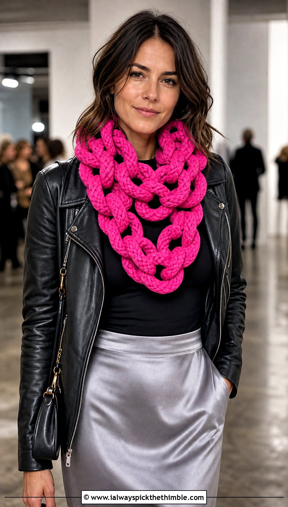 Chunky Loop Chain Link Scarf With Leather Jacket - 20 Crochet Chain Link Scarf outfit ideas