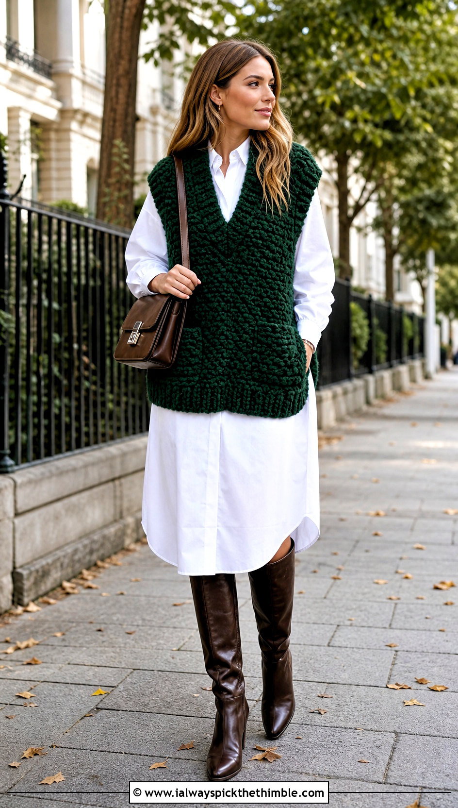 Chunky Loop Stitch Crochet Vest With Shirt Dress - 15 loopy crochet vest outfit ideas