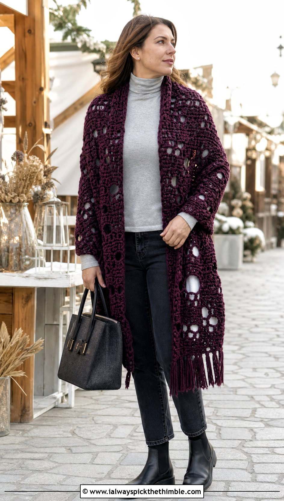 Chunky Lost Souls Shawl With Turtleneck And Dark Jeans - 15 Lost Soul Crochet Shawl outfit ideas