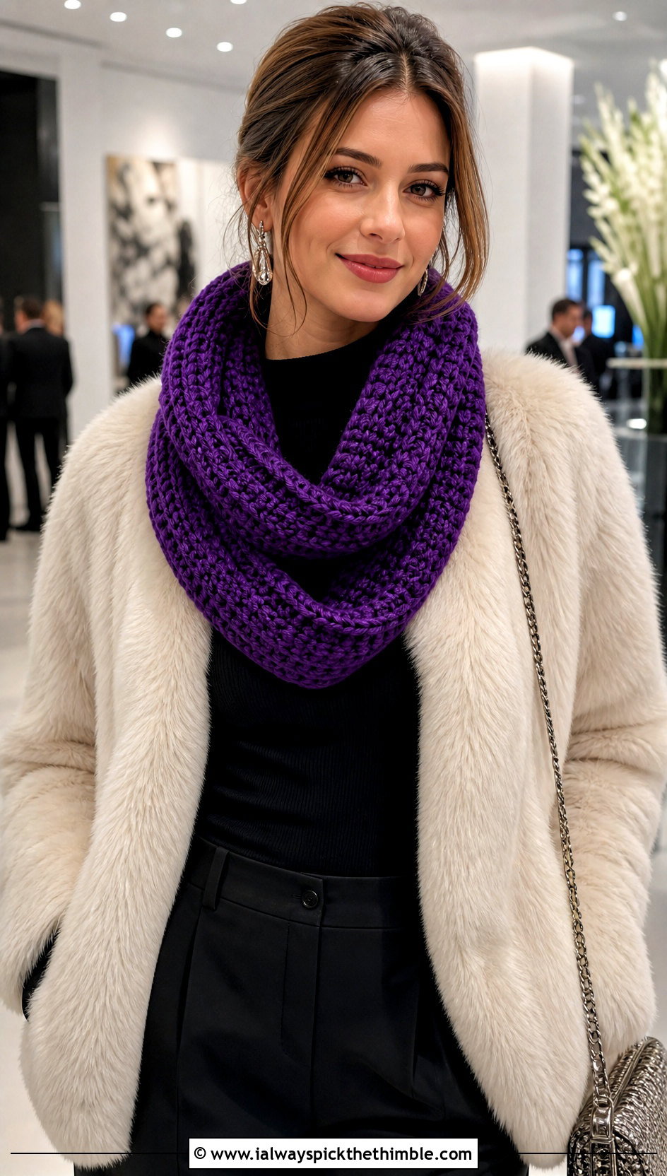 Chunky Mbius Crochet Scarf With Faux Fur Jacket - 15 Crochet Scarves Chunky Yarn outfit ideas