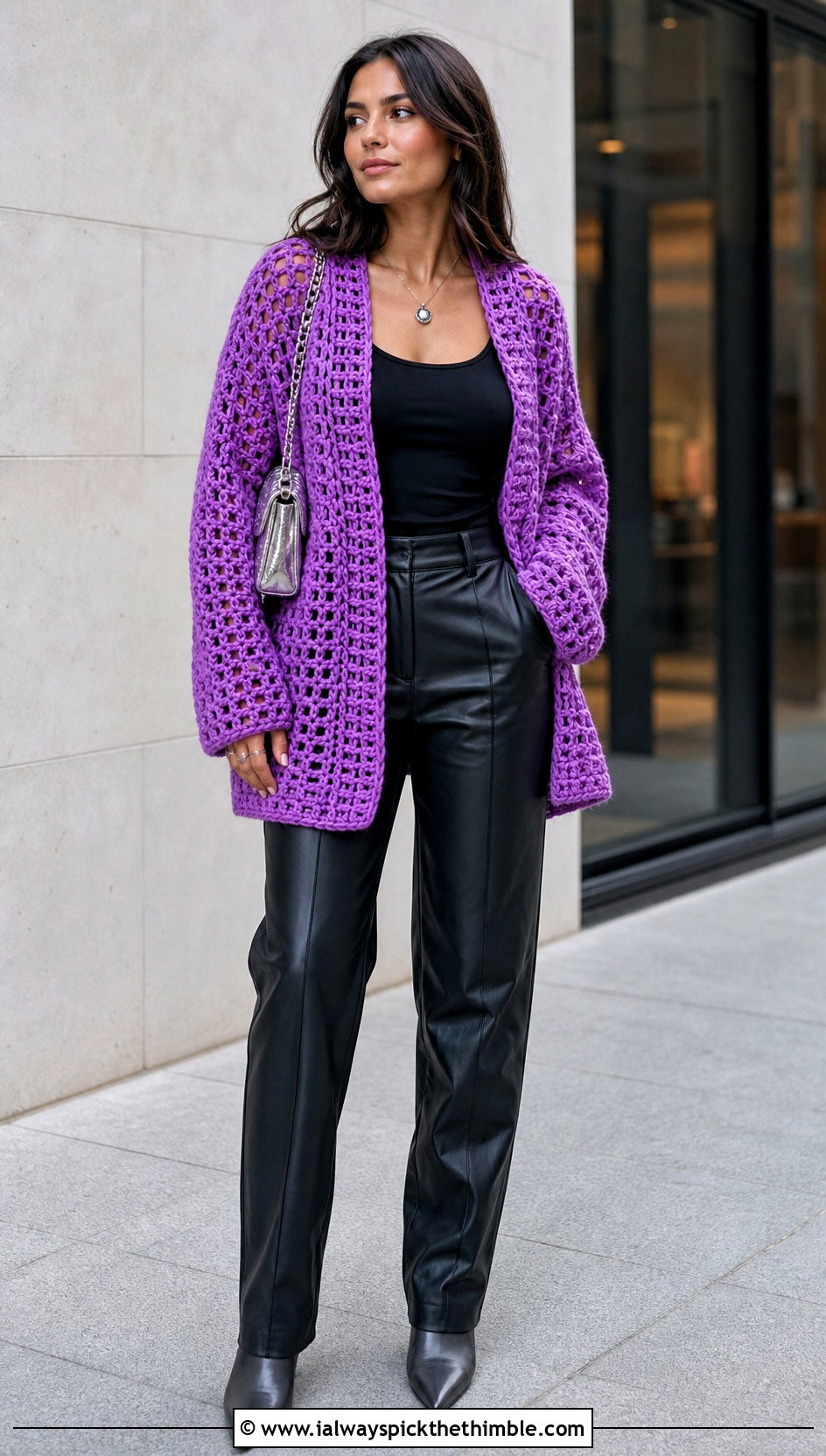 Chunky Mesh Bulky Crochet Cardigan With Leather Pants - 20 Bulky Crochet Cardigan outfit ideas