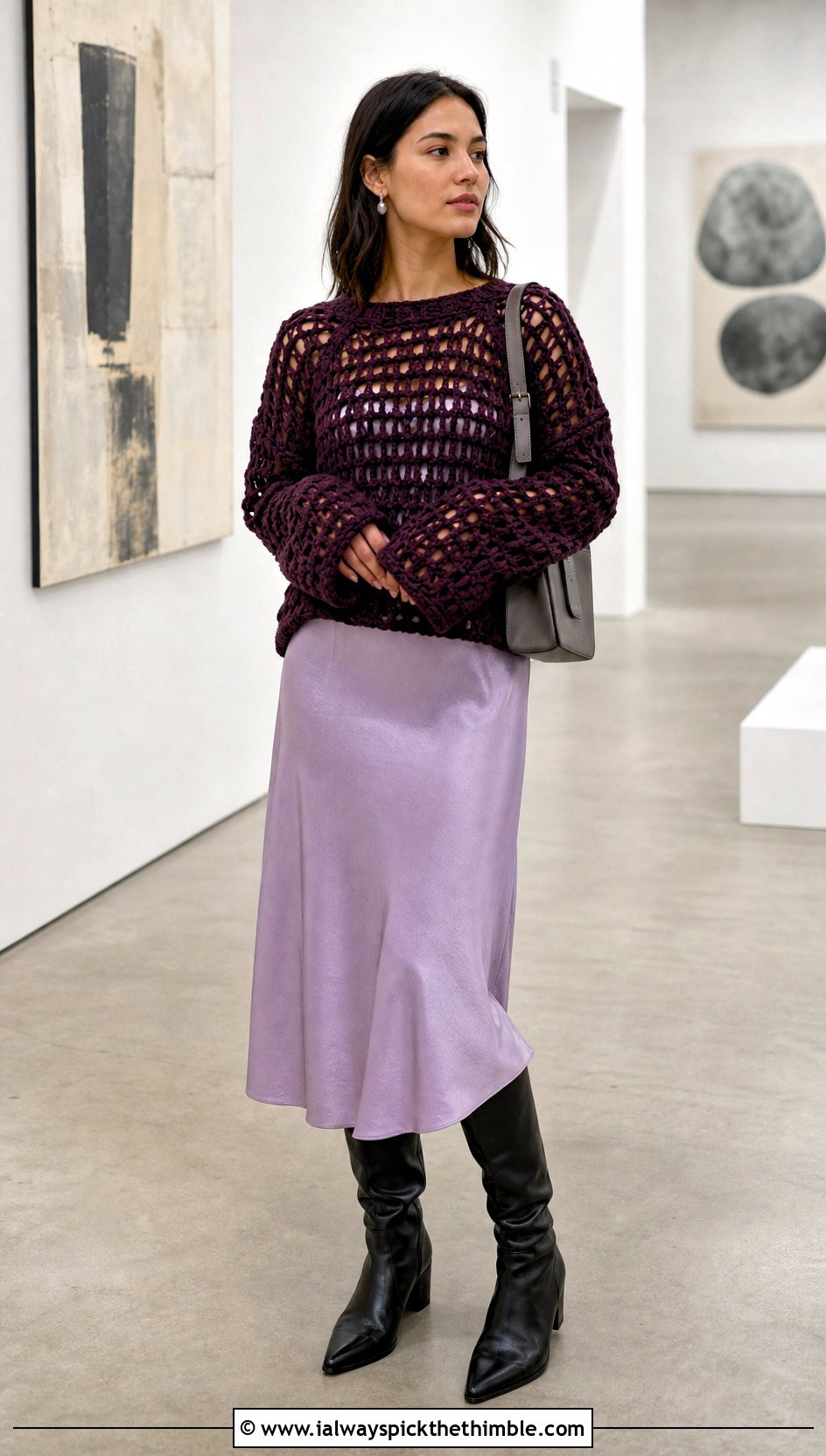 Chunky Mesh Crochet Bulky Sweater With Slip Dress - 20 Crochet Bulky Sweater outfit ideas