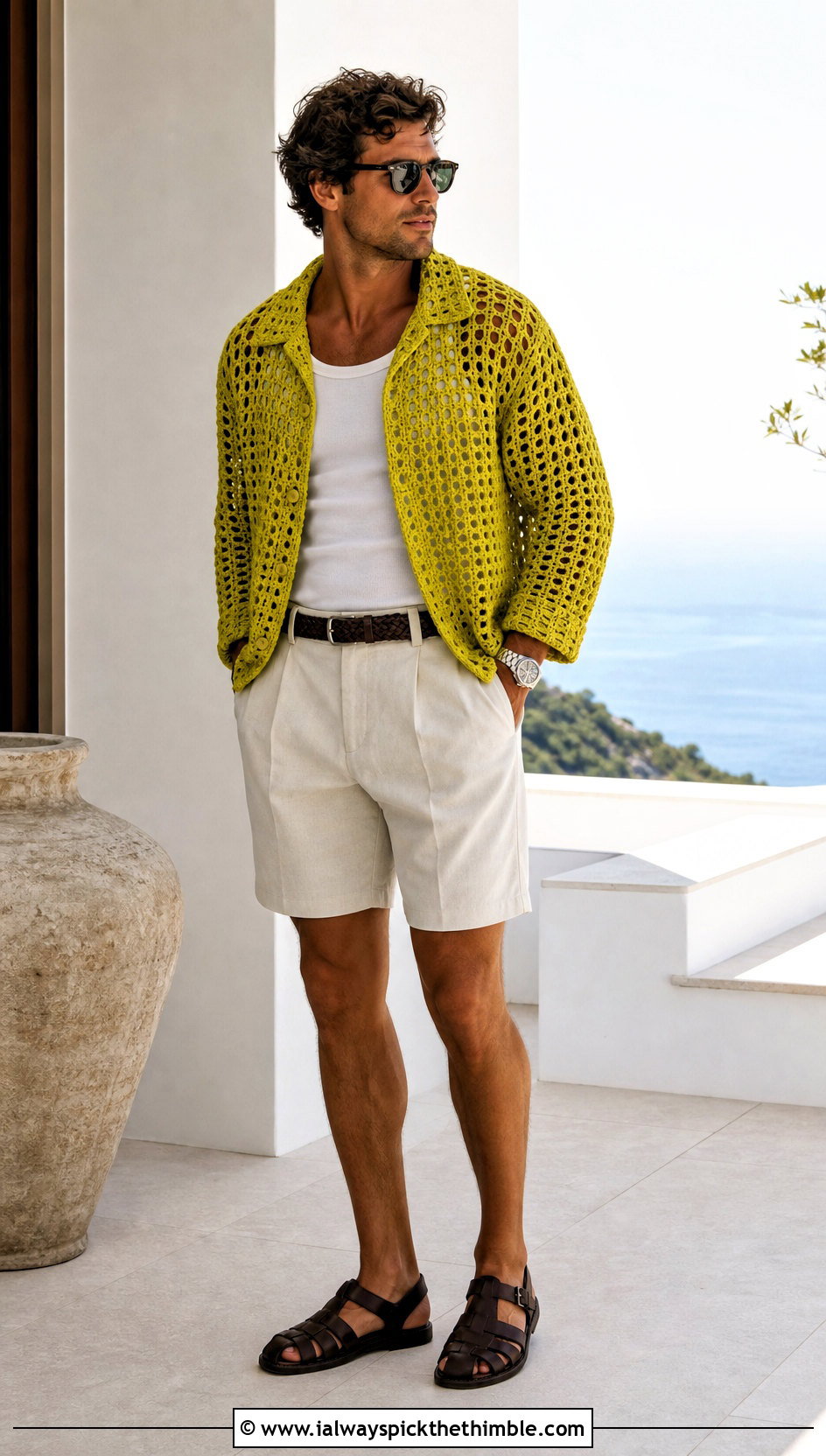 Chunky Mesh Crochet Overshirt Jacket With Tailored Shorts - 15 Crochet Mens Jacket outfit ideas