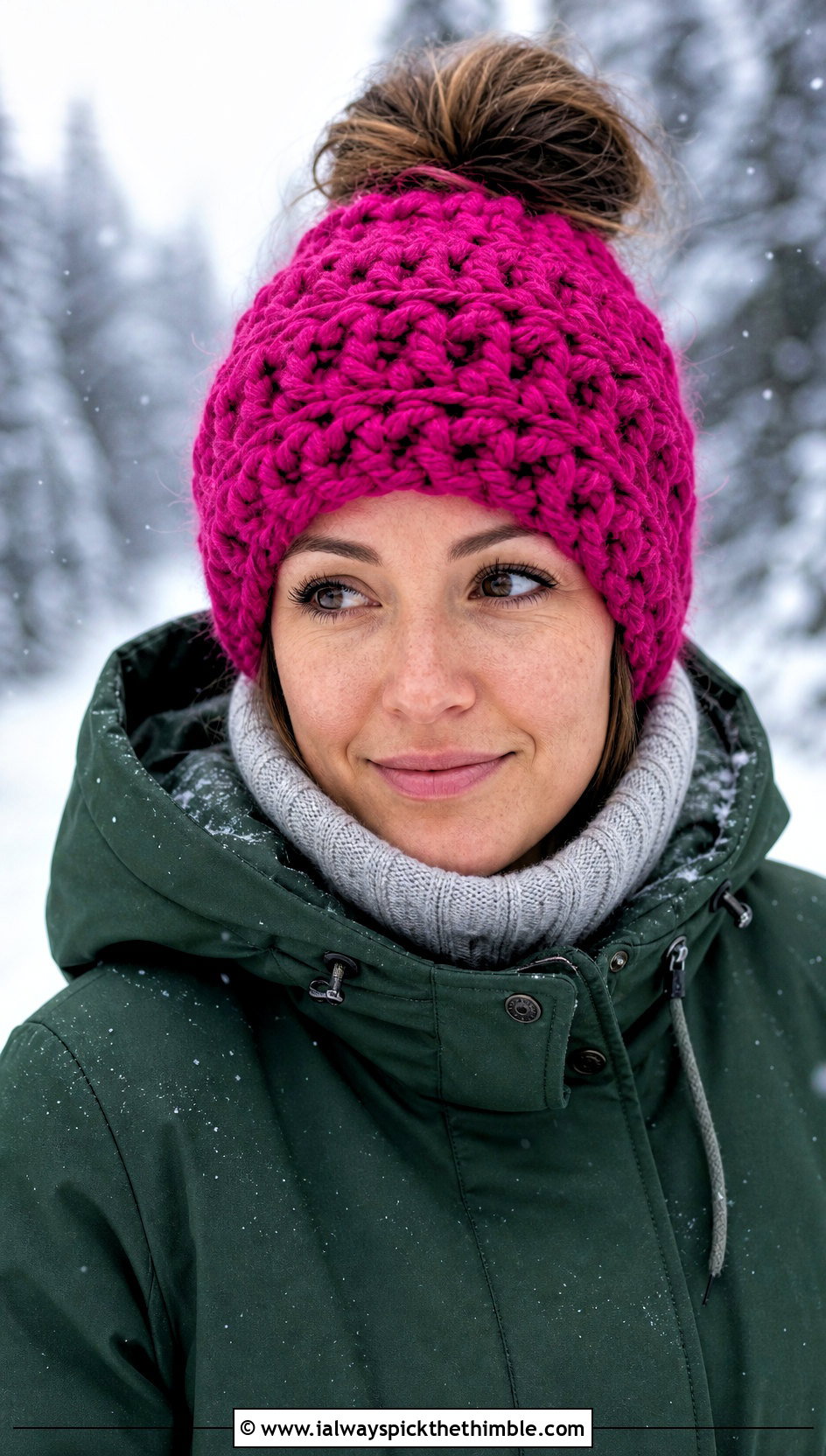 Chunky Messy Bun Crochet Hat With Parka - 20 Messy Bun Crochet Hat outfit ideas