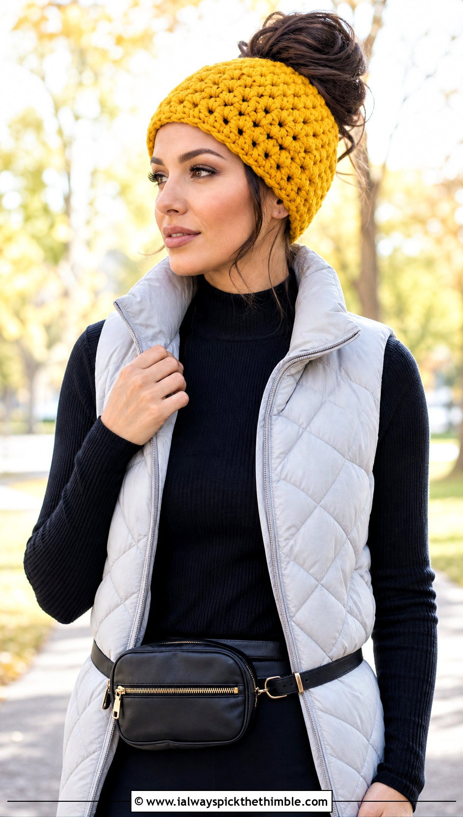 Chunky Messy Bun Crochet Hat With Puffer Vest - 20 Easy Messy Bun Crochet Hat outfit ideas