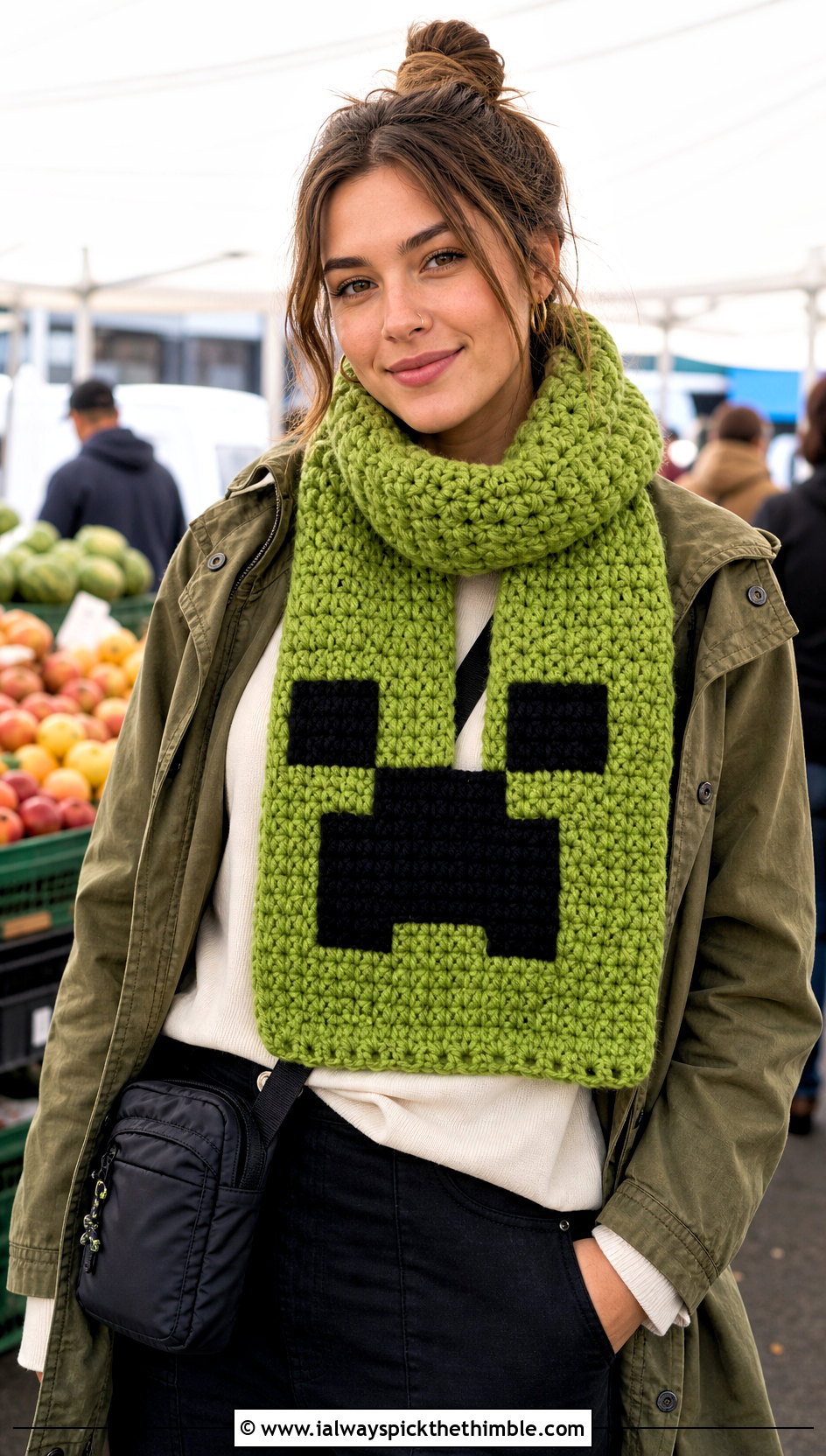 Chunky Minecraft Creeper Crochet Scarf With Utility Jacket And Cargo Pants - 15 minecraft creeper crochet scarf outfit ideas
