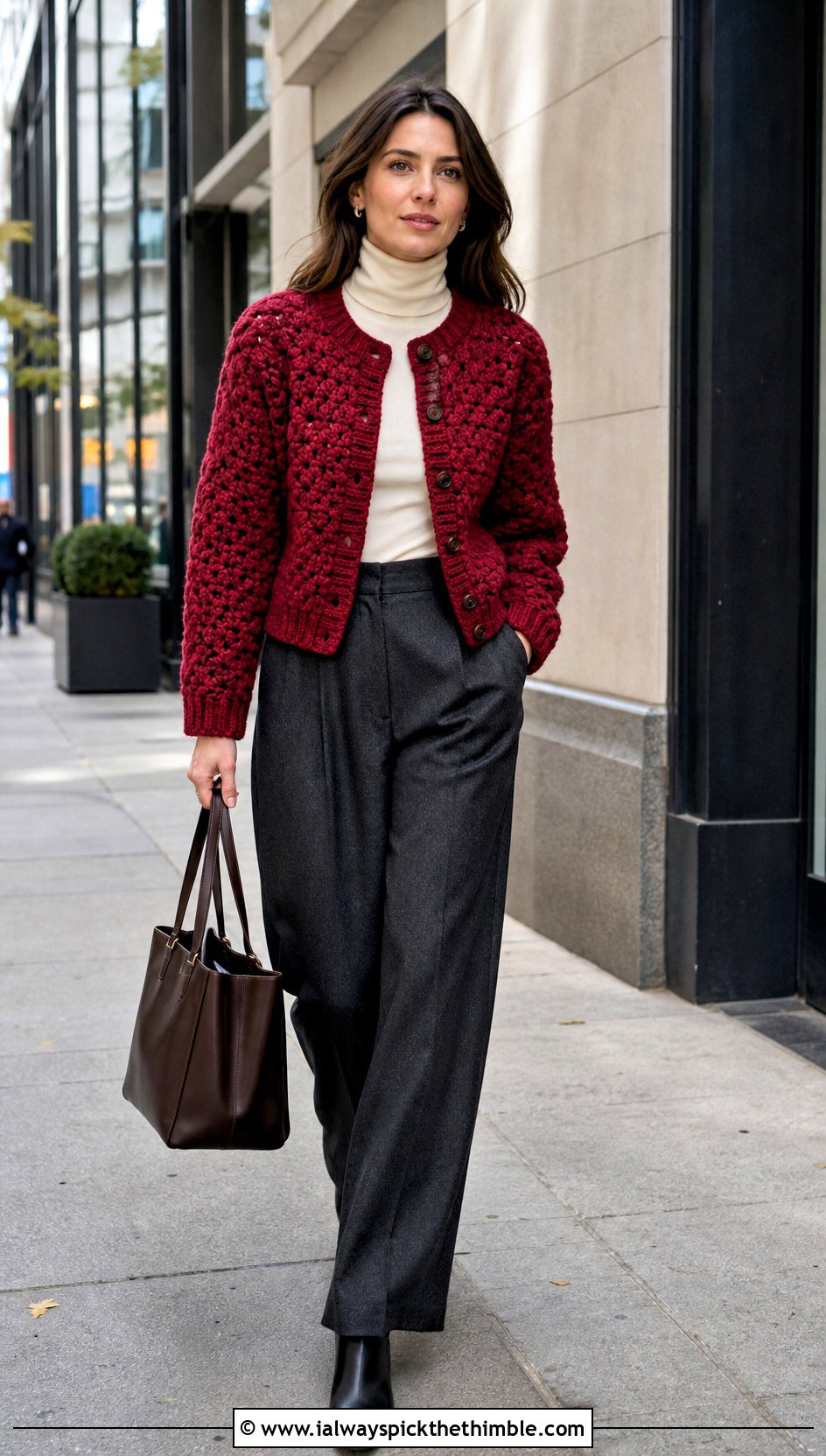 Chunky Miu Miu Crochet Cardigan With Wool Trousers - 20 Miu Miu Crochet Cardigan outfit ideas