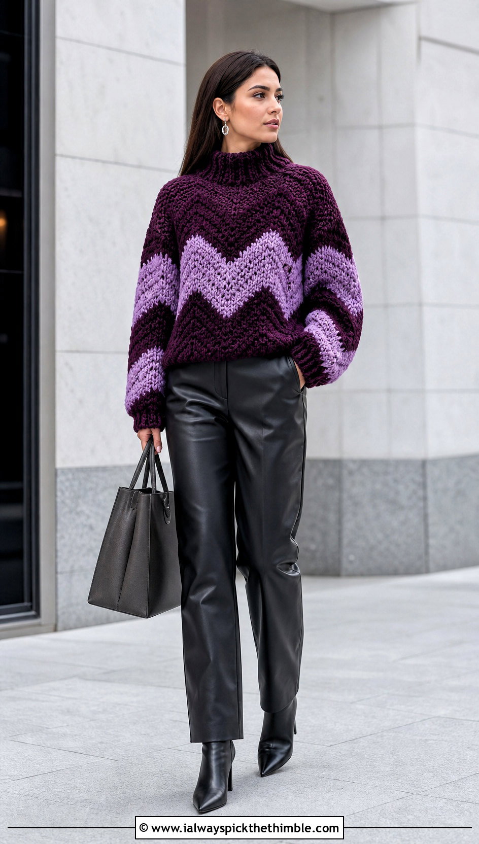 Chunky Mock Neck Chevron Crochet Sweater With Leather Pants - 20 Chevron Crochet Sweater outfit ideas