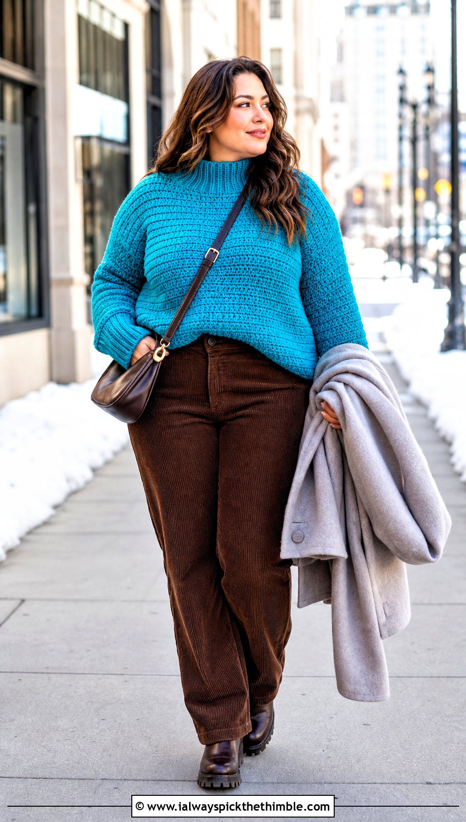 Chunky Mock Neck Crochet Pullover With Corduroy Pants - 20 women crochet pullover outfit ideas