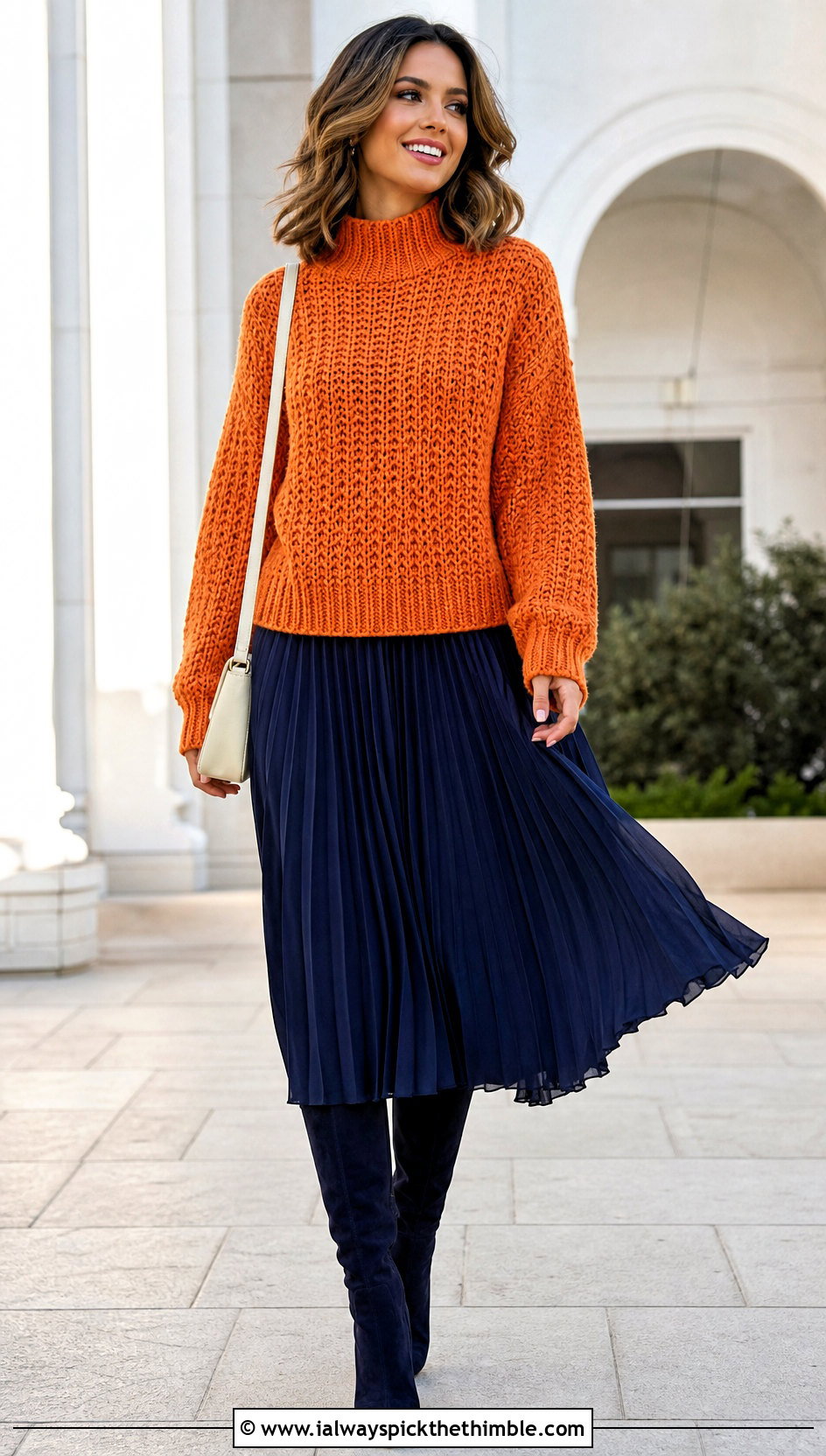 Chunky Mock Neck Crochet Sweater With Pleated Midi Skirt - 20 chunky yarn crochet sweater outfit ideas