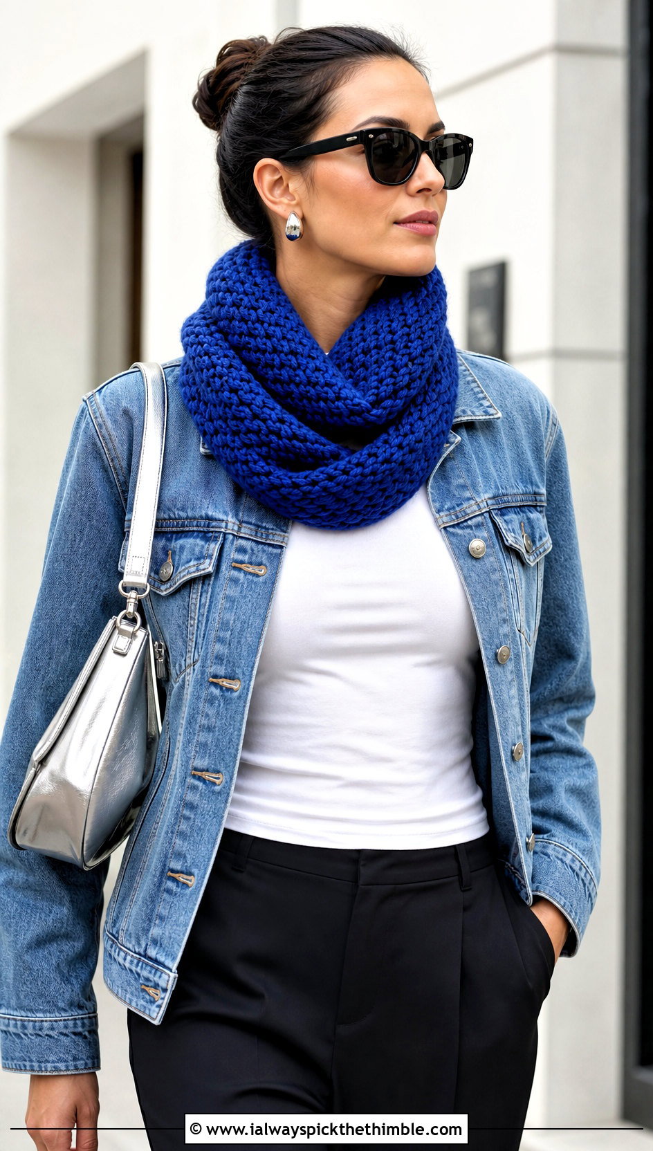 Chunky Moebius Crochet Cowl With Denim Jacket - 20 crochet chunky cowl outfit ideas