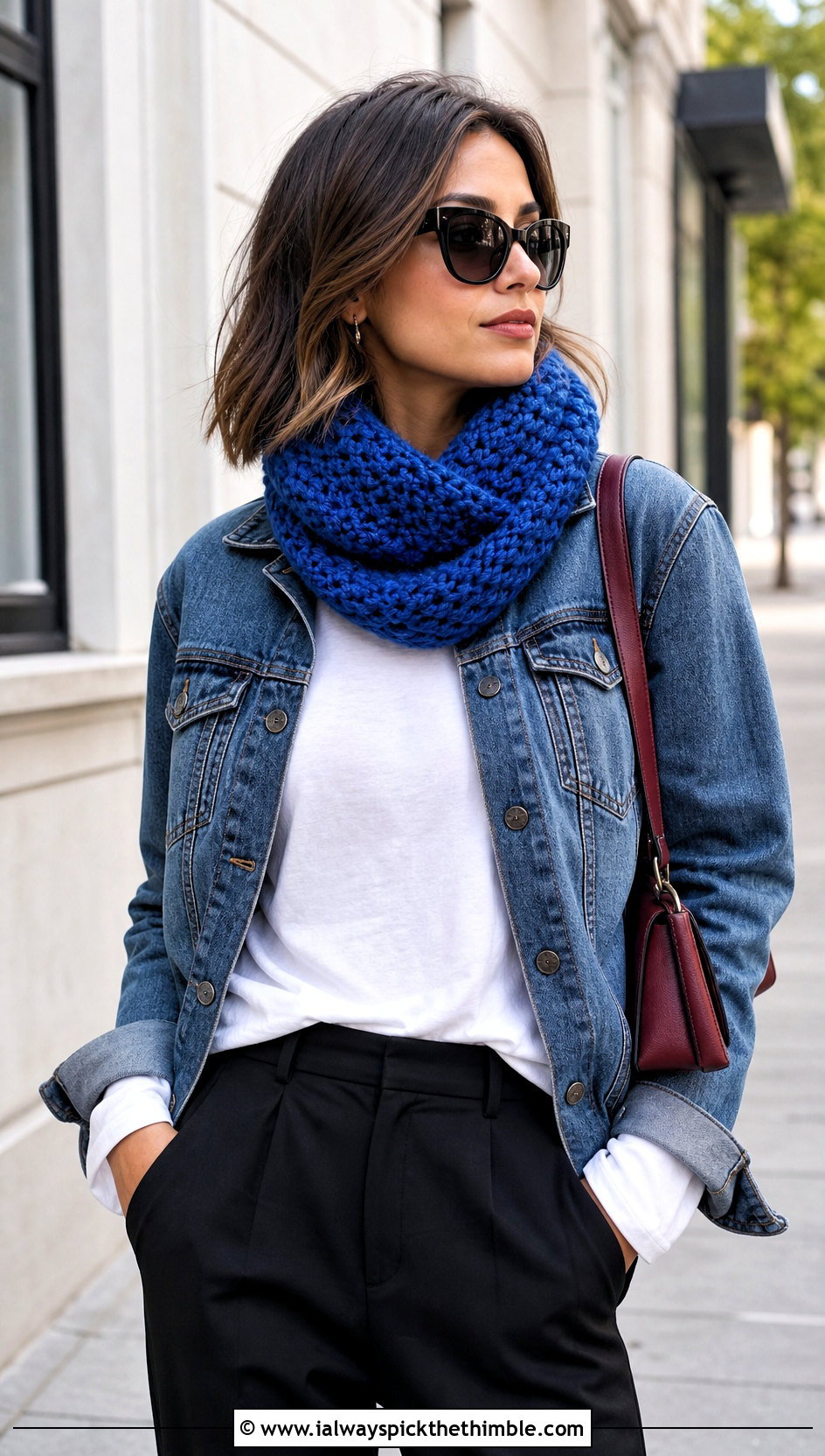 Chunky Moebius Crochet Cowl With Denim Jacket - 20 chunky crochet cowl outfit ideas