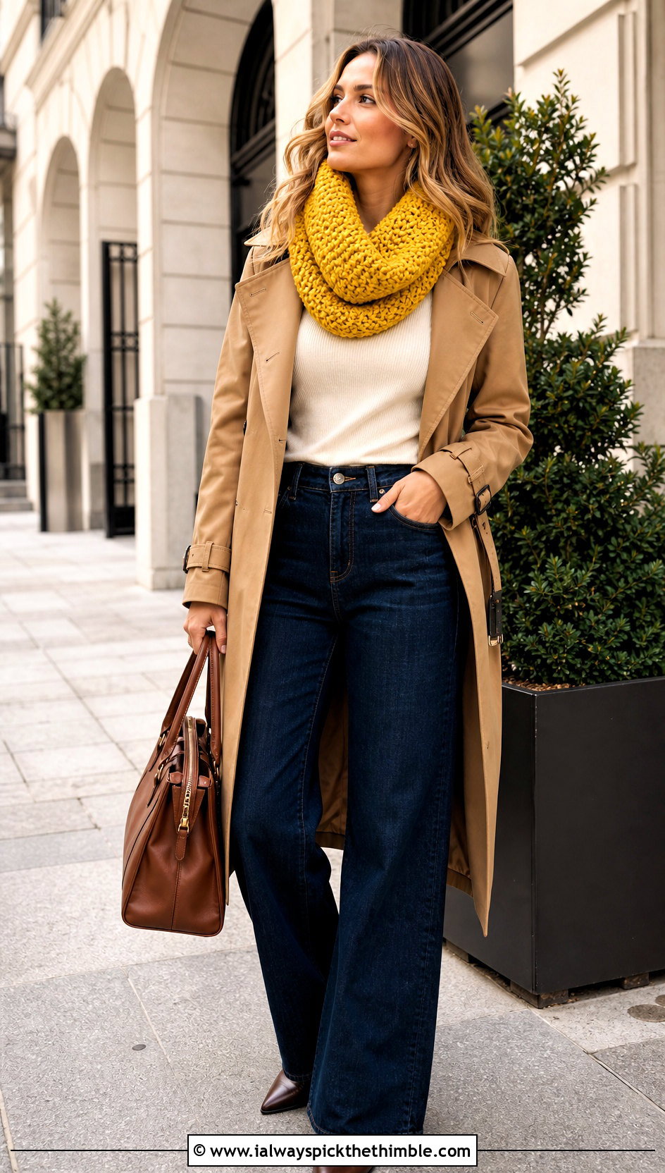 Chunky Moss Stitch Crochet Cowl With Trench Coat And Wide Leg Jeans - 15 Moss Stitch Crochet Cowl outfit ideas