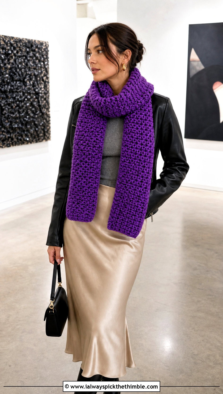Chunky Moss Stitch Crochet Scarf With Leather Jacket And Slip Skirt - 20 Moss Stitch Crochet Scarf outfit ideas