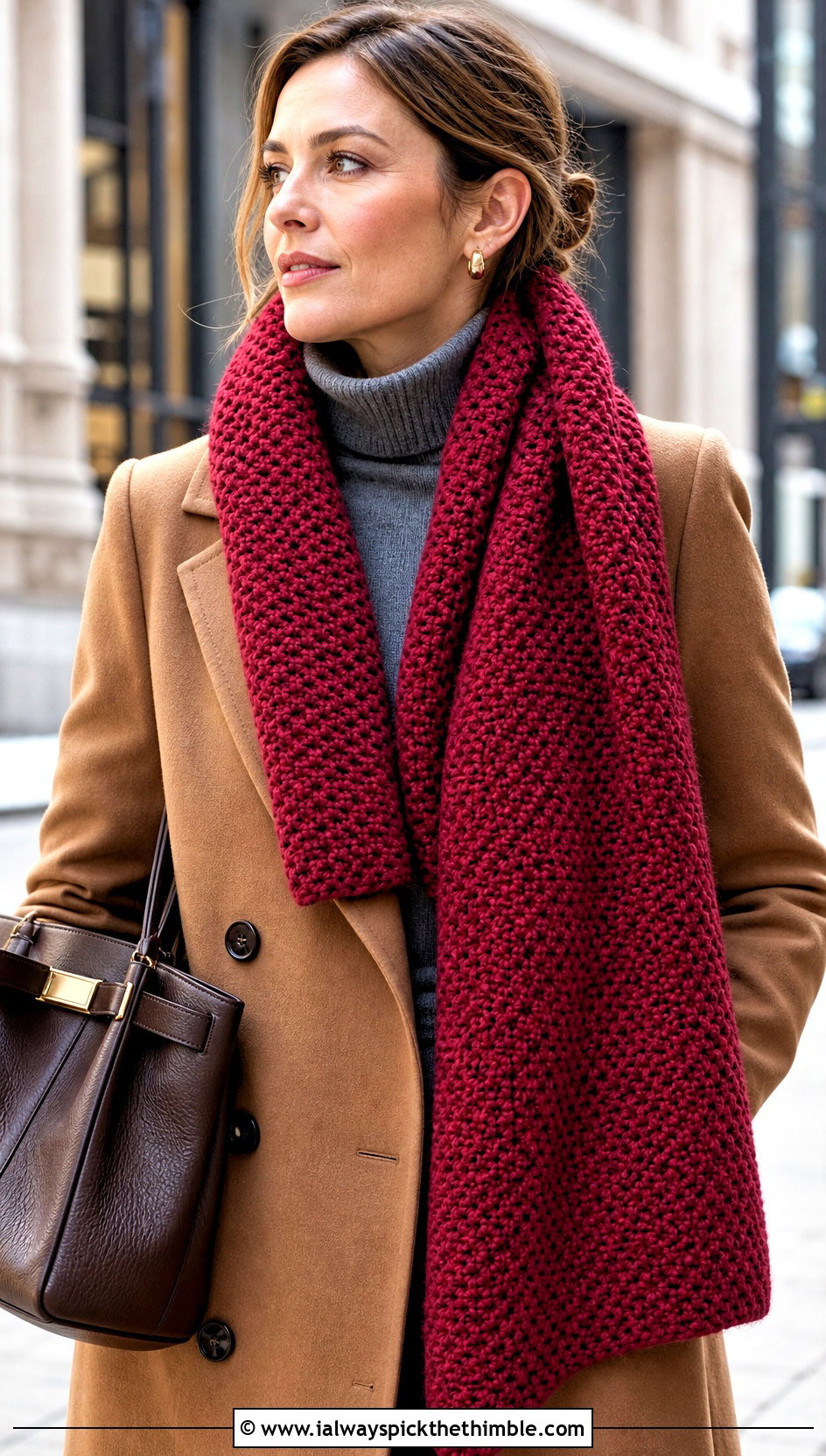 Chunky Moss Stitch Crochet Scarf With Tailored Coat - 15 Crochet Scarves Chunky Yarn outfit ideas