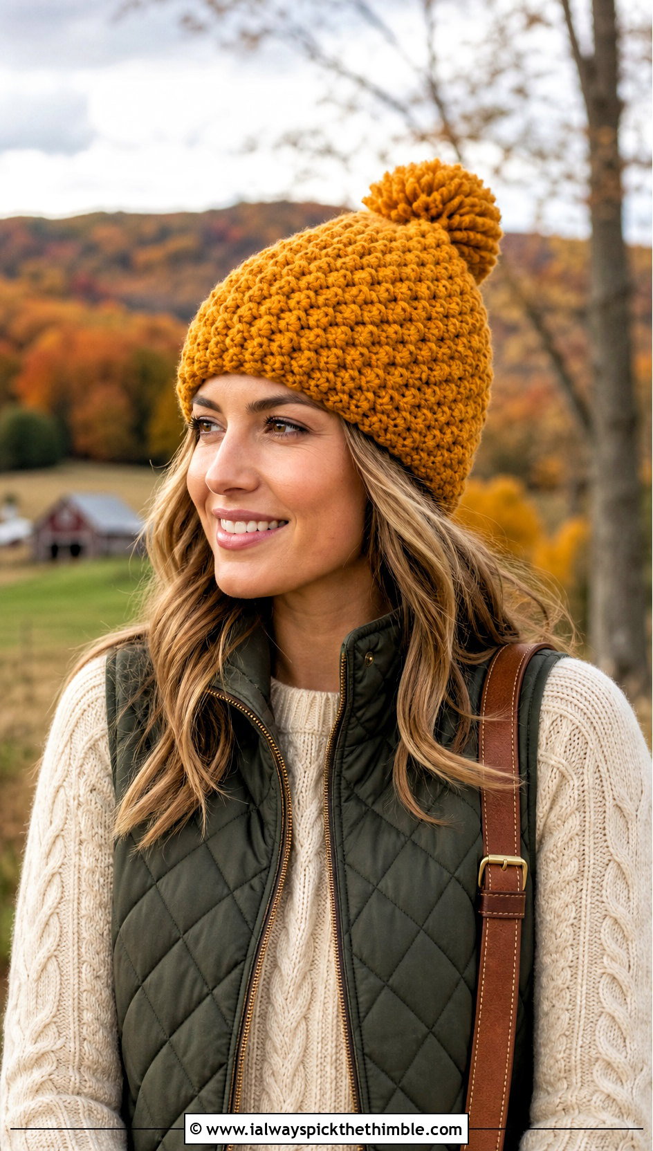 Chunky Moss Stitch Pom Beanie With Quilted Vest - 20 Crochet Moss Stitch Hat outfit ideas