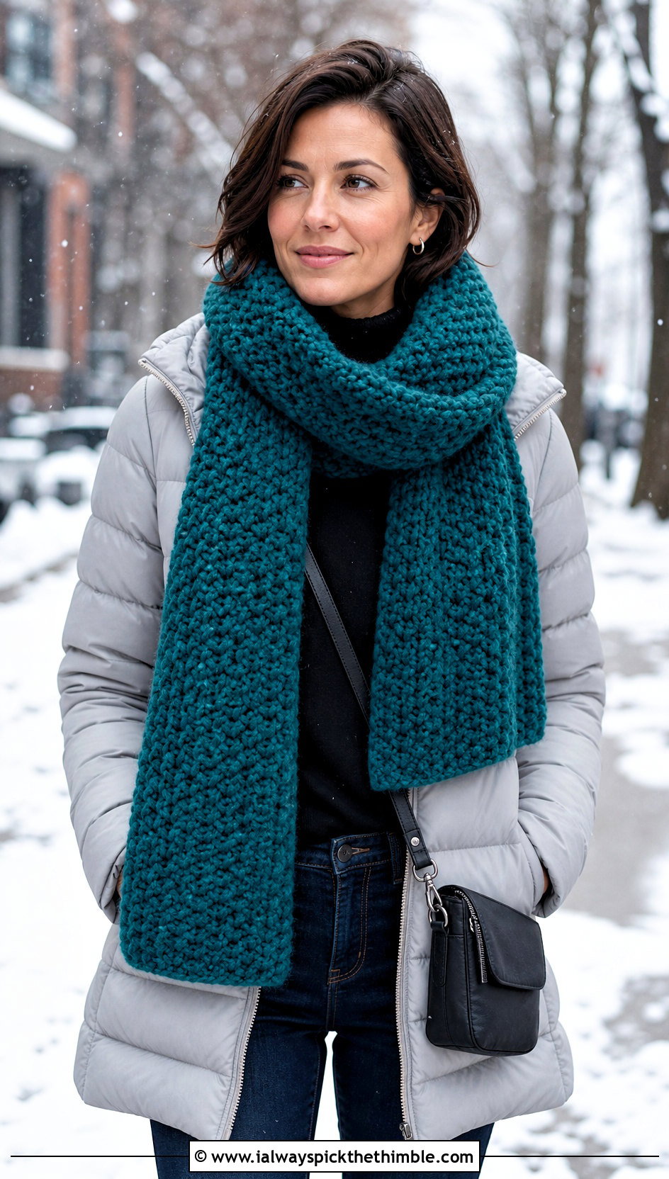 Chunky Moss Stitch Scarf With A Puffer Jacket - 25 crochet moss stitch scarf outfit ideas