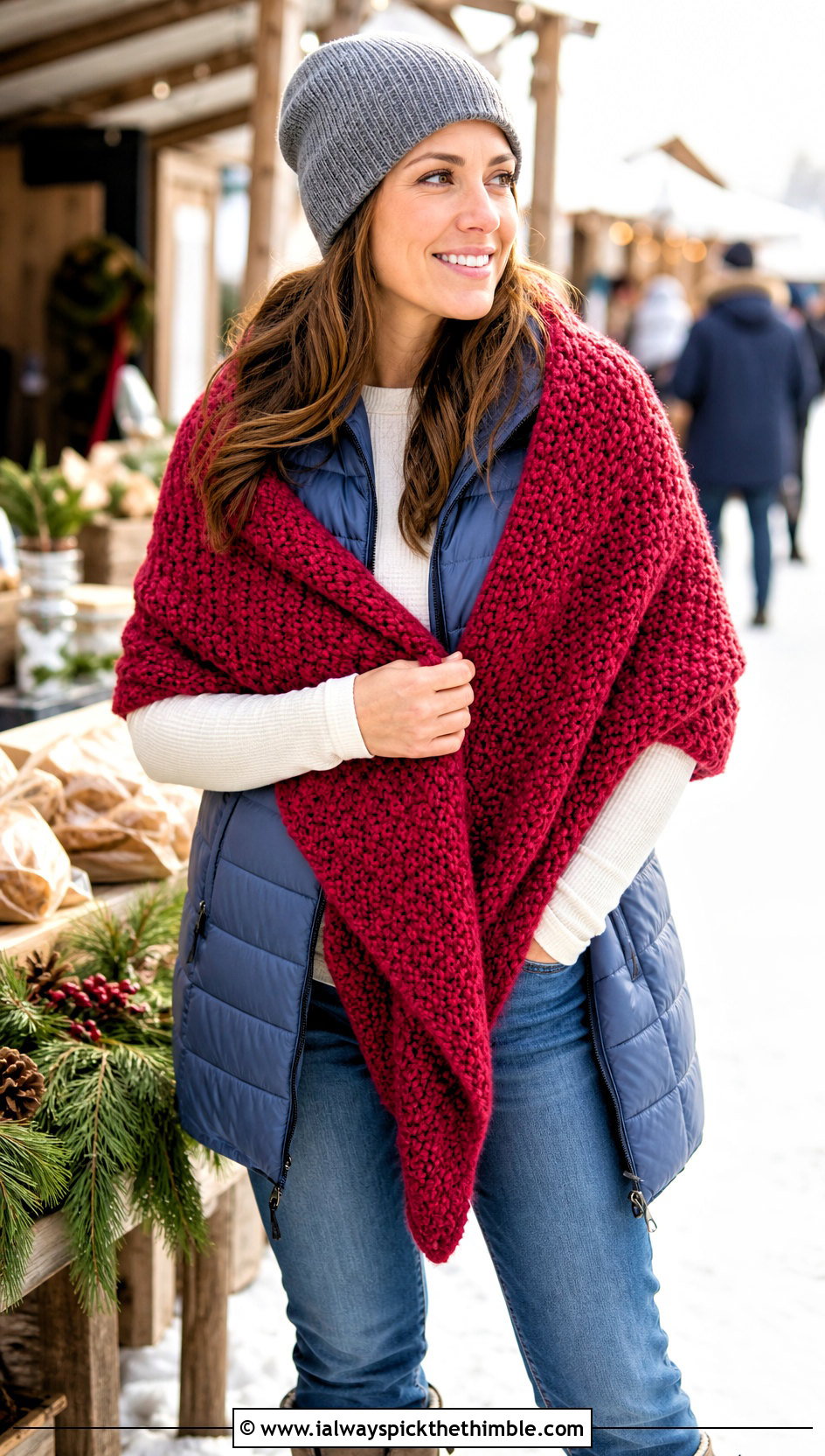 Chunky Moss Stitch Shawl With A Puffer Vest - 20 Crochet Moss Stitch Shawl outfit ideas