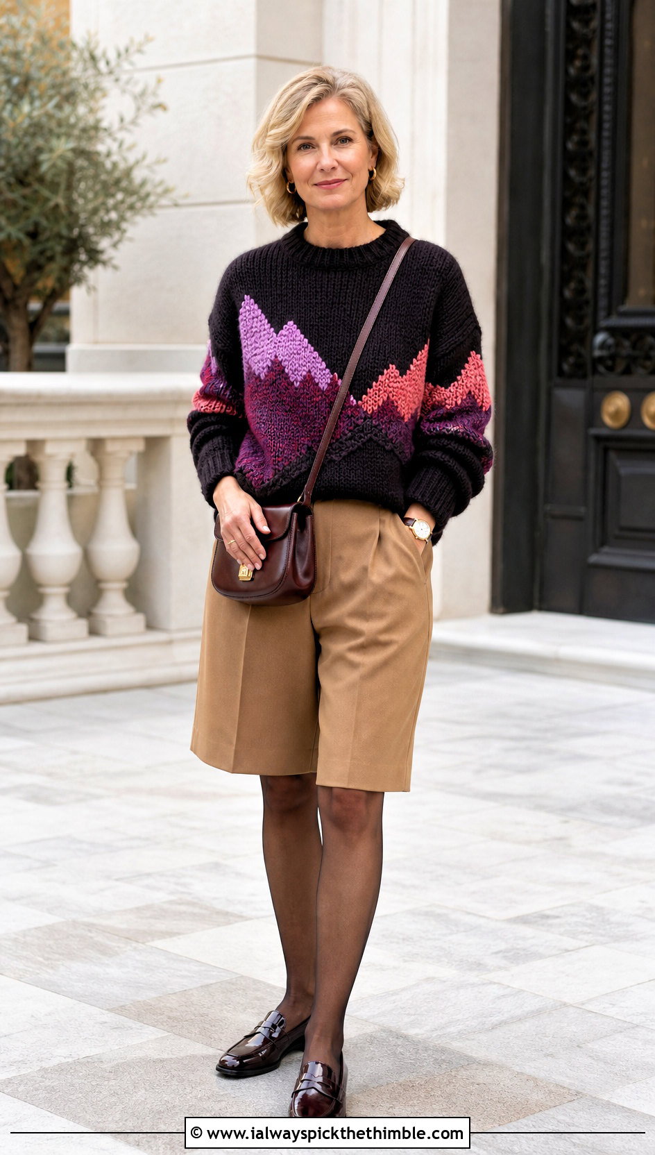 Chunky Mountain Range Sweater With Tailored Shorts - 15 Crochet Mountain Sweater outfit ideas