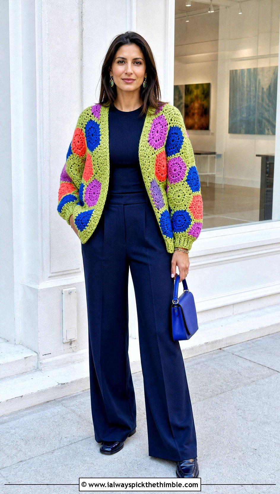 Chunky Multicolor Hexagon Cardigan With Monochrome Basics - 20 chunky crochet hexagon cardigan outfit ideas