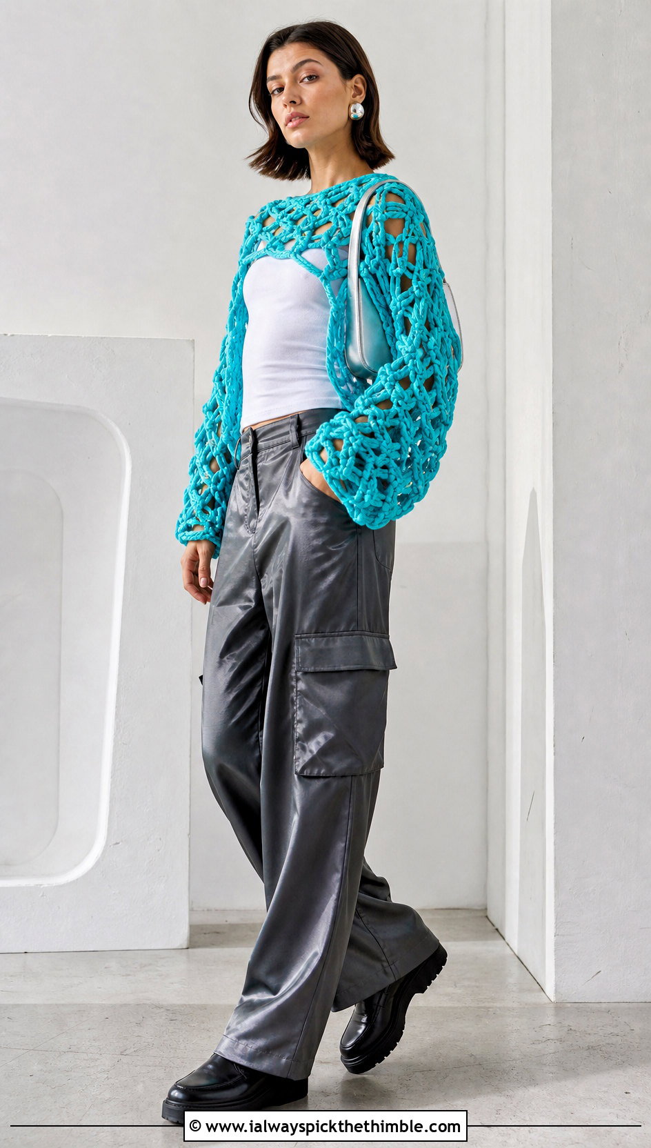 Chunky Net Crochet Sweater With Satin Cargo Pants - 25 crochet net sweater outfit ideas