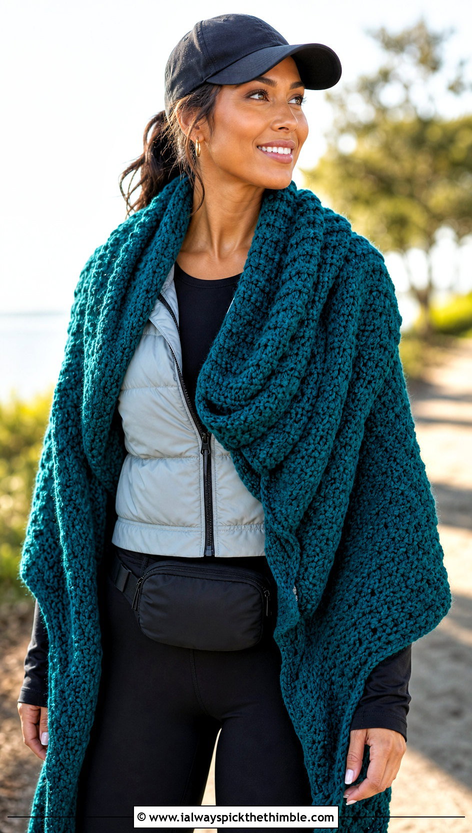 Chunky Never Ending Crochet Shawl With Leggings And Sneakers - 15 Never Ending Crochet Shawl outfit ideas