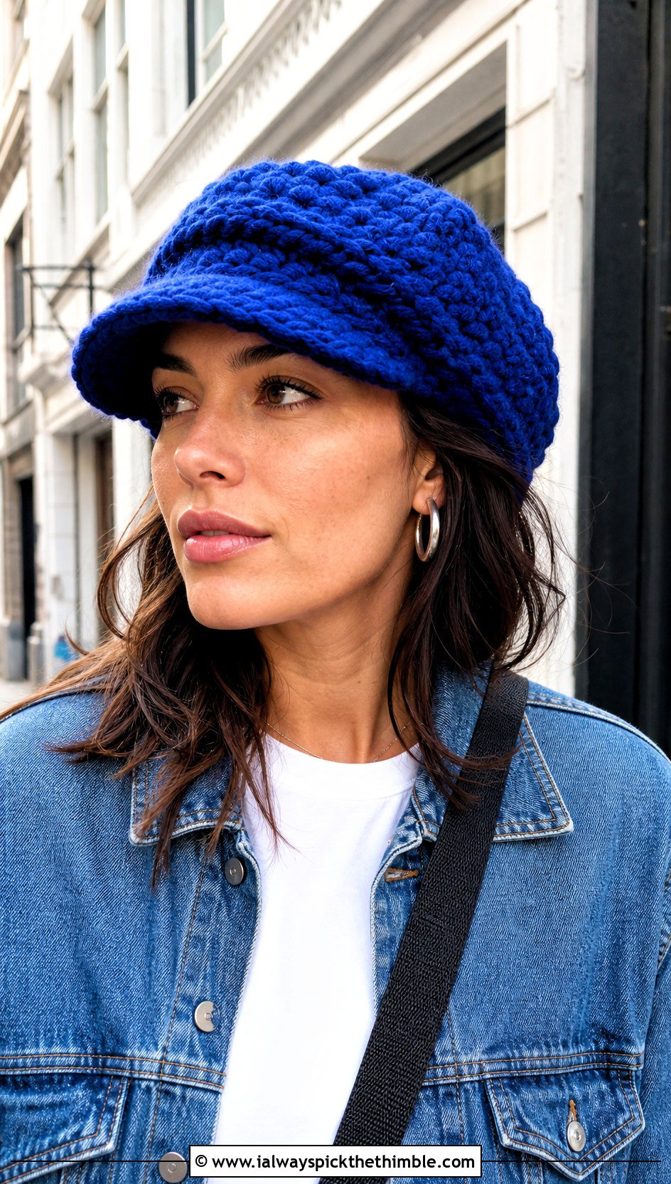 Chunky Newsboy Crochet Beanie With Denim Jacket - 20 Crochet Beanie With Brim outfit ideas