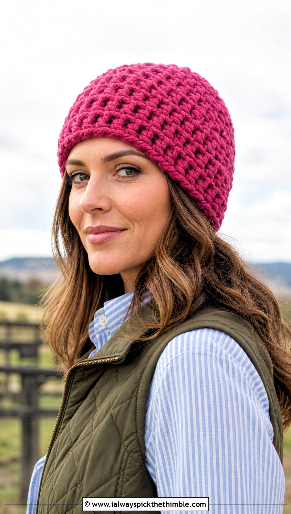 Chunky No Cuff Beanie With Quilted Vest - 20 chunky yarn crochet beanie outfit ideas