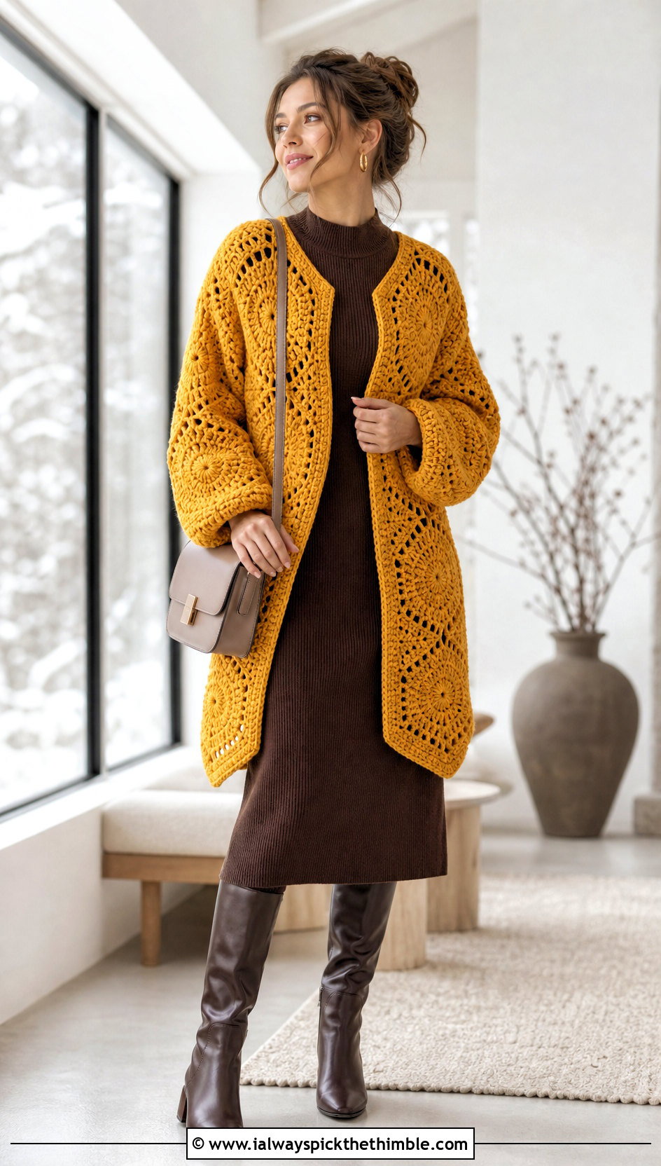 Chunky Octagon Crochet Cardigan With Knit Midi Dress - 20 Octagon Crochet Cardigan outfit ideas
