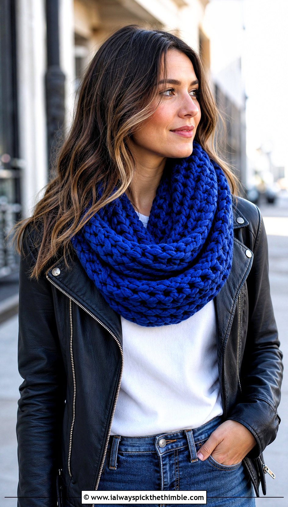 Chunky One Skein Crochet Infinity Scarf With Leather Jacket - 15 One Skein Crochet Infinity Scarf outfit ideas