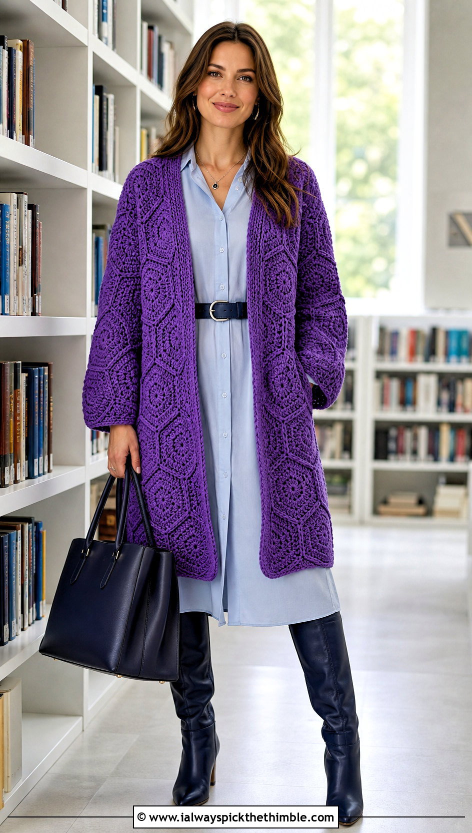 Chunky Open Front Hexagon Cardigan With Shirt Dress - 20 chunky crochet hexagon cardigan outfit ideas