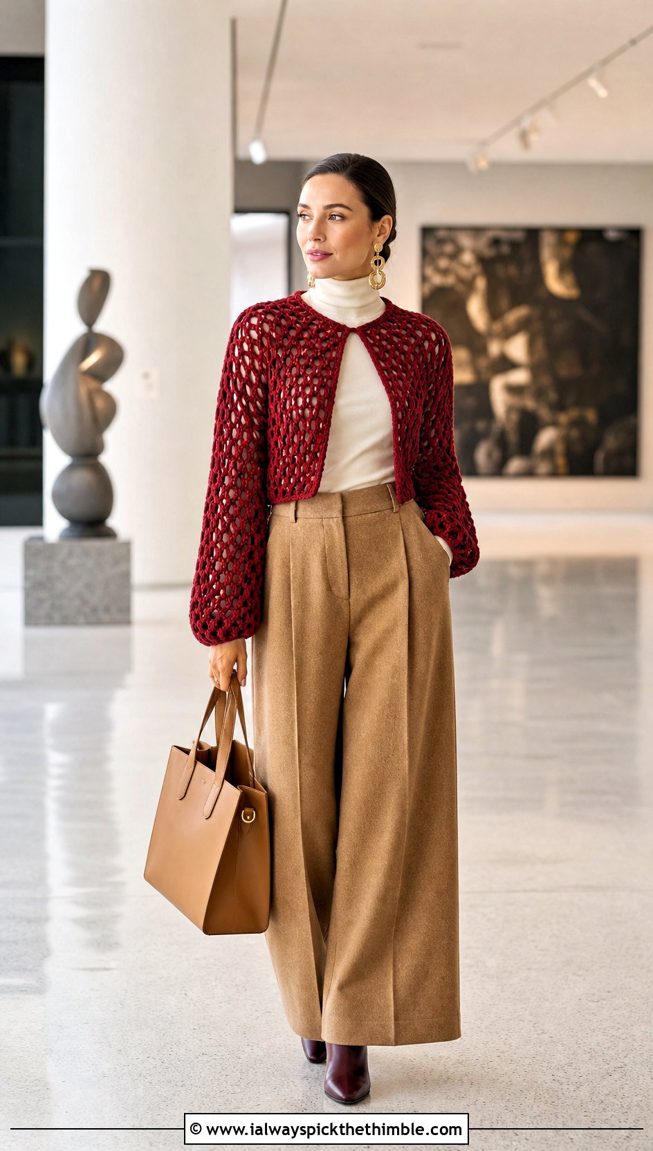 Chunky Open Mesh Crochet Bolero With Wool Trousers - 20 Crochet Mesh Bolero outfit ideas