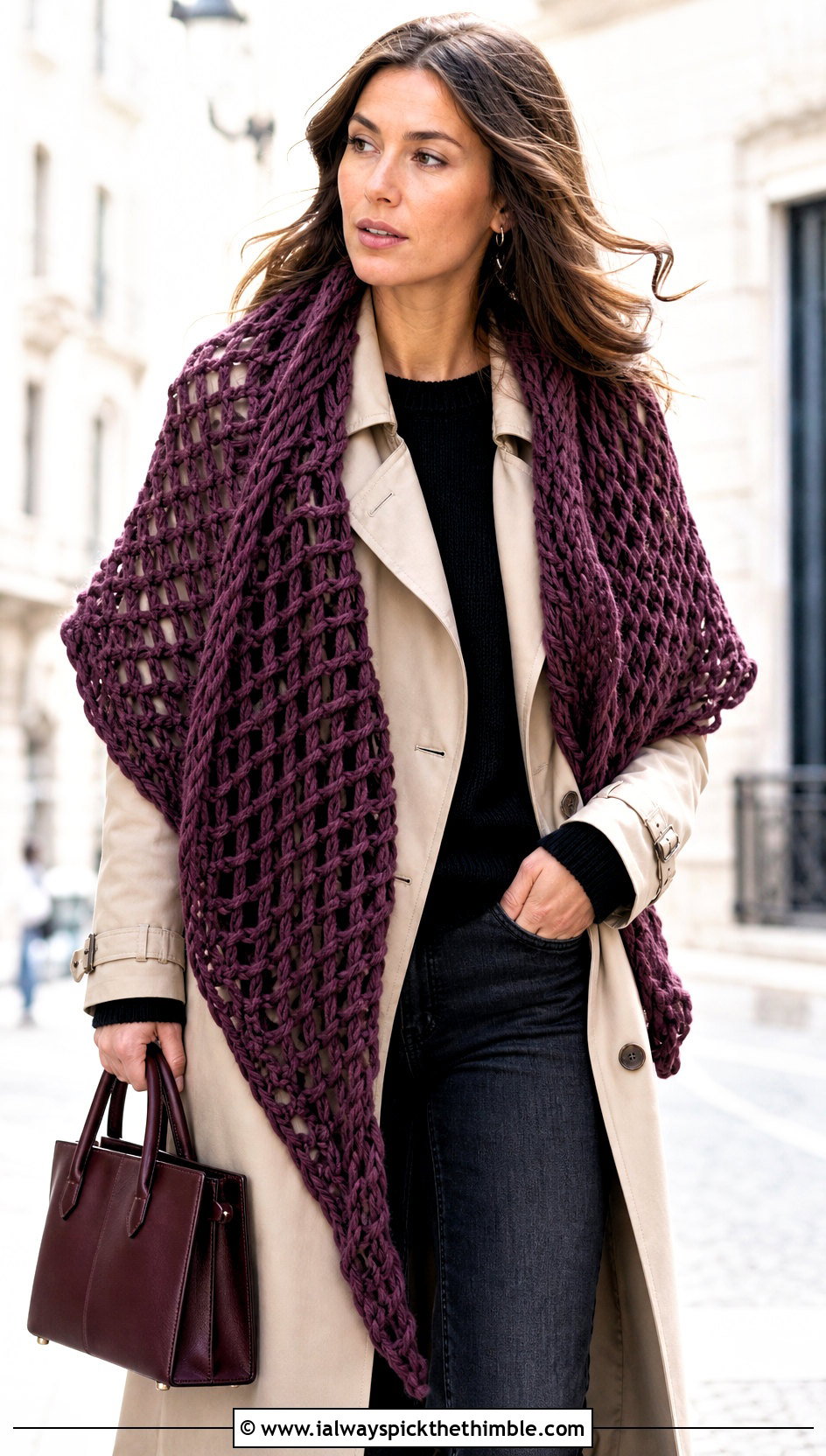 Chunky Open Mesh Triangle Shawl With Trench Coat - 20 Crochet Mesh Triangle Shawl outfit ideas