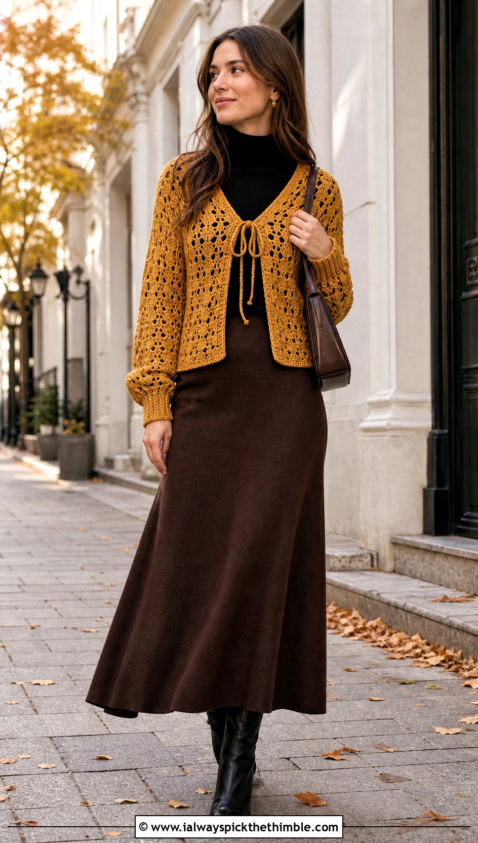 Chunky Openwork Crochet Front Tie Cardigan With Wool Maxi Skirt - 15 crochet front tie cardigan outfit ideas