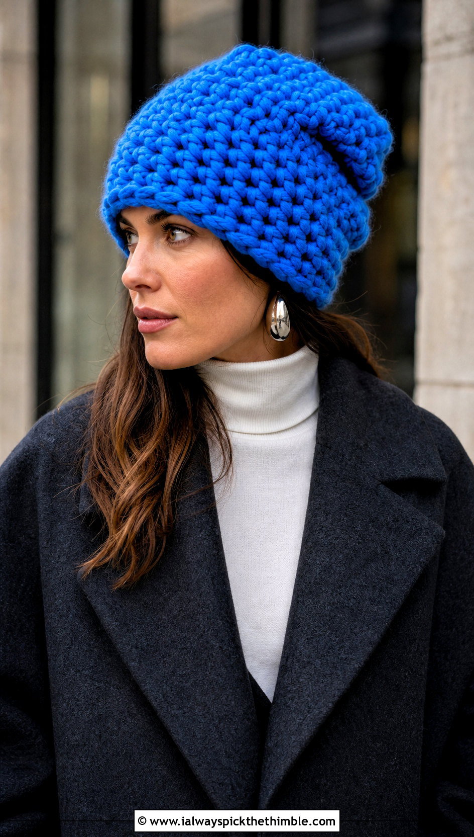 Chunky Oversized Crochet Beanie With Maxi Coat And Flared Pants - 20 winter crochet beanie outfit ideas