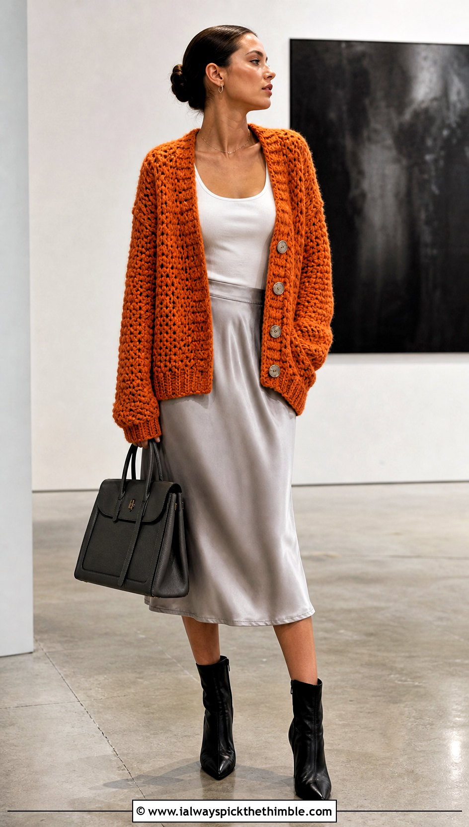 Chunky Oversized Crochet Button Cardigan With Satin Midi Skirt - 15 crochet sweater with button closure outfit ideas