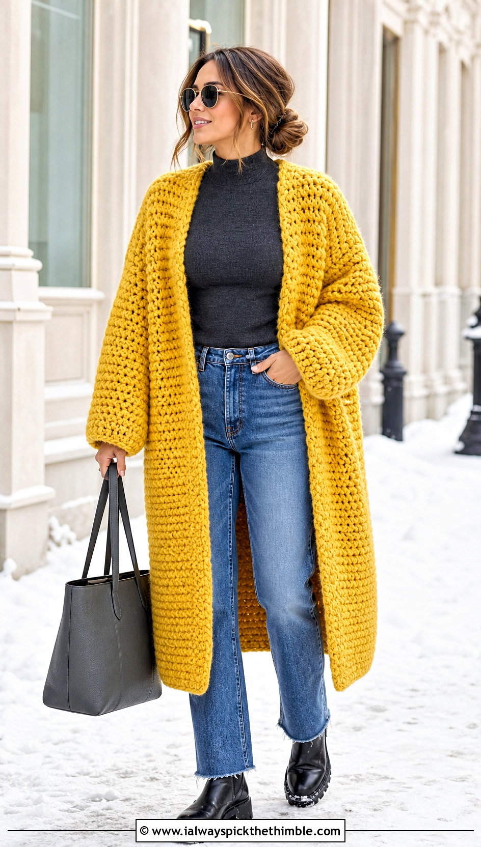 Chunky Oversized Crochet Cardigan With Winter Jeans - 20 basic crochet cardigan outfit ideas
