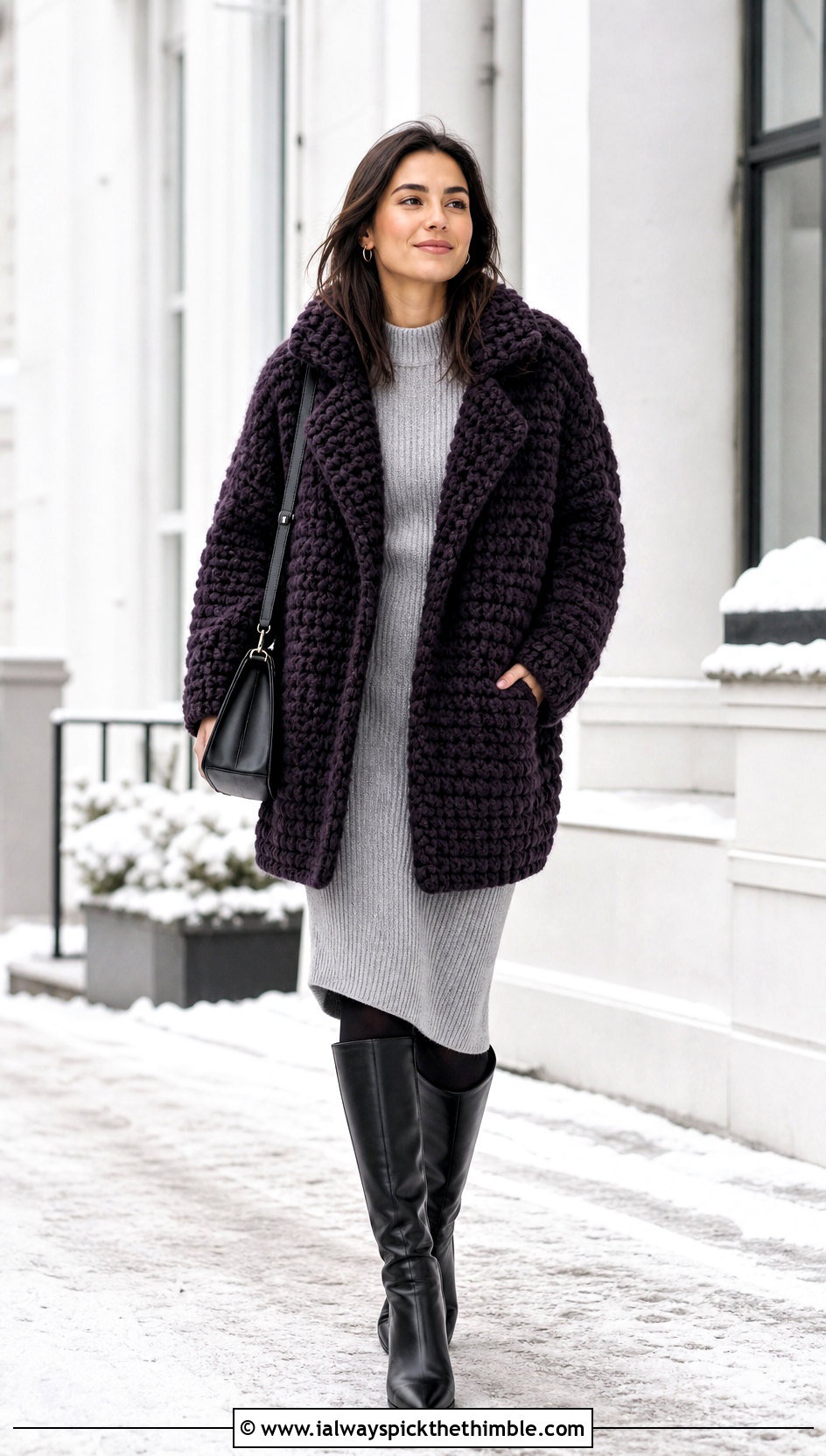 Chunky Oversized Crochet Jacket With Knit Dress - 20 crochet clothes jacket outfit ideas